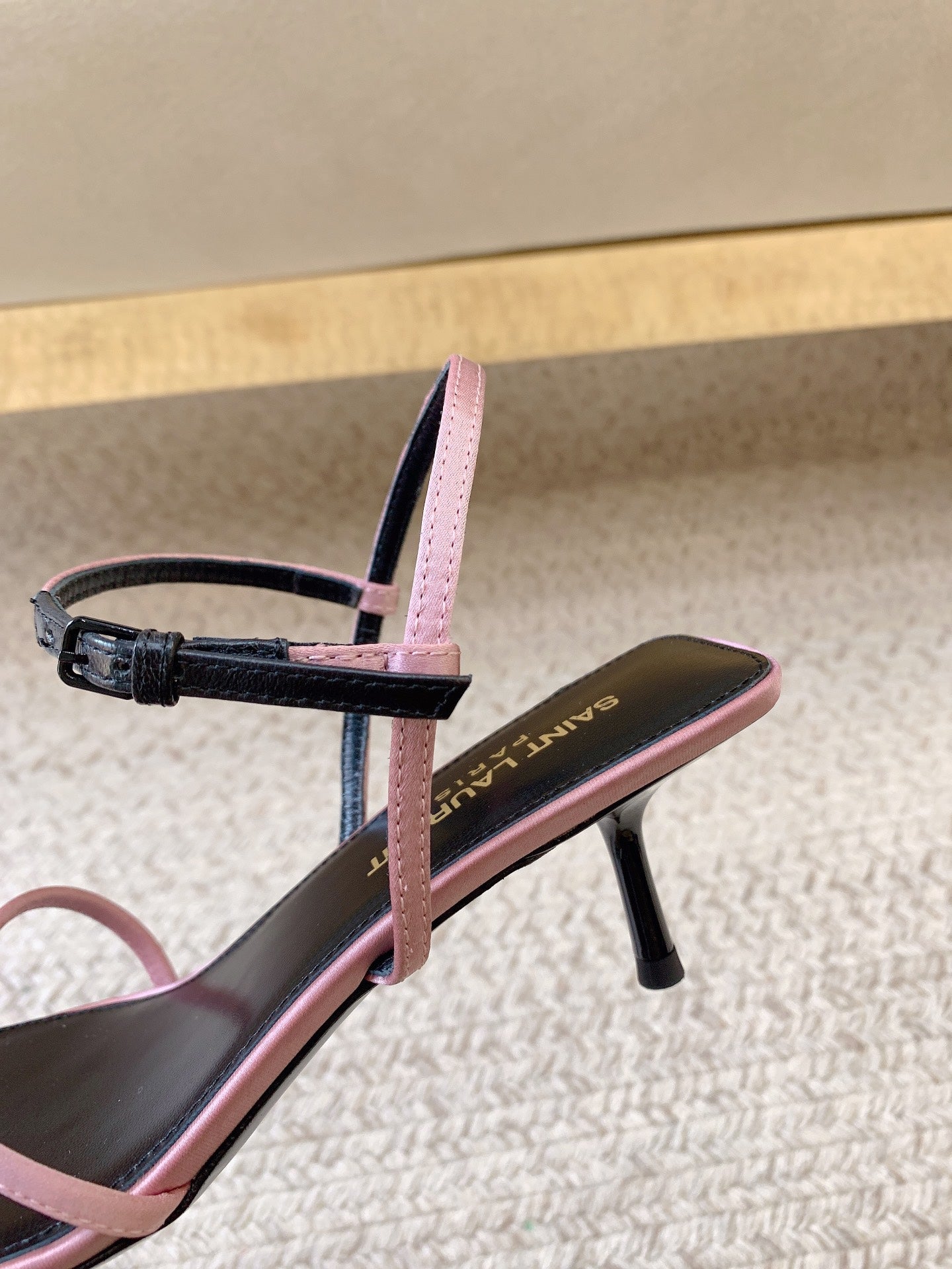 STRAPPY MID HEEL SANDALS IN PINK SILK