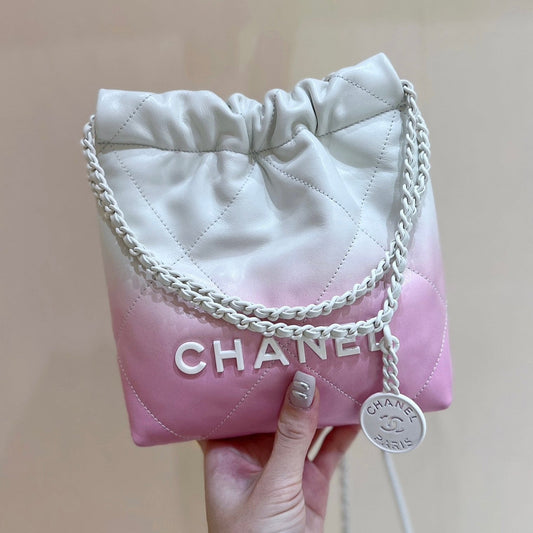 cc22 mini hobo bag 20cm pink white lambskin silver hardware