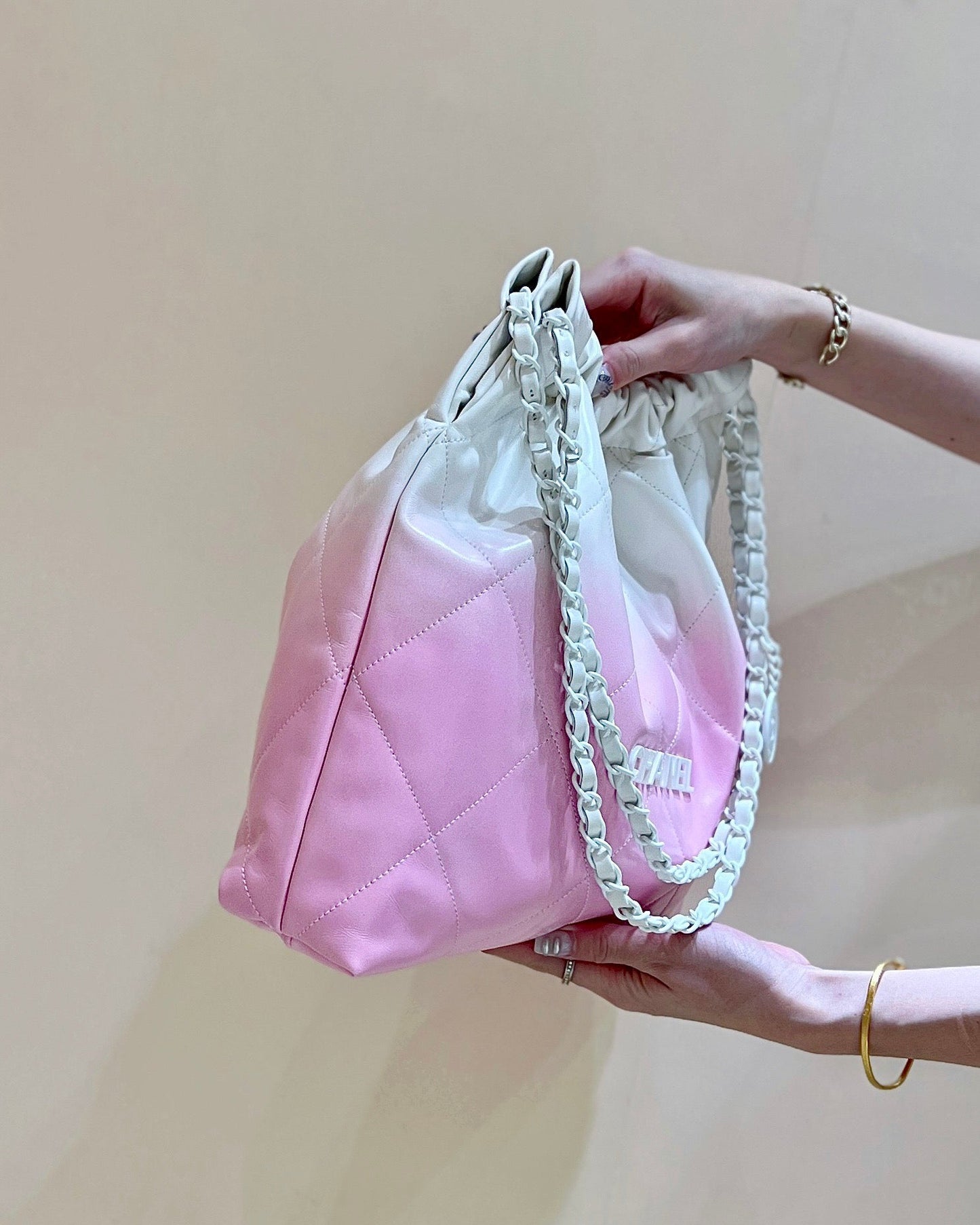 cc22 hobo bag pink white lambskin silver hardware