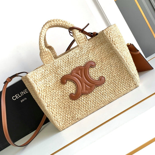 small cabas thais 27cm raffia brown calfskin