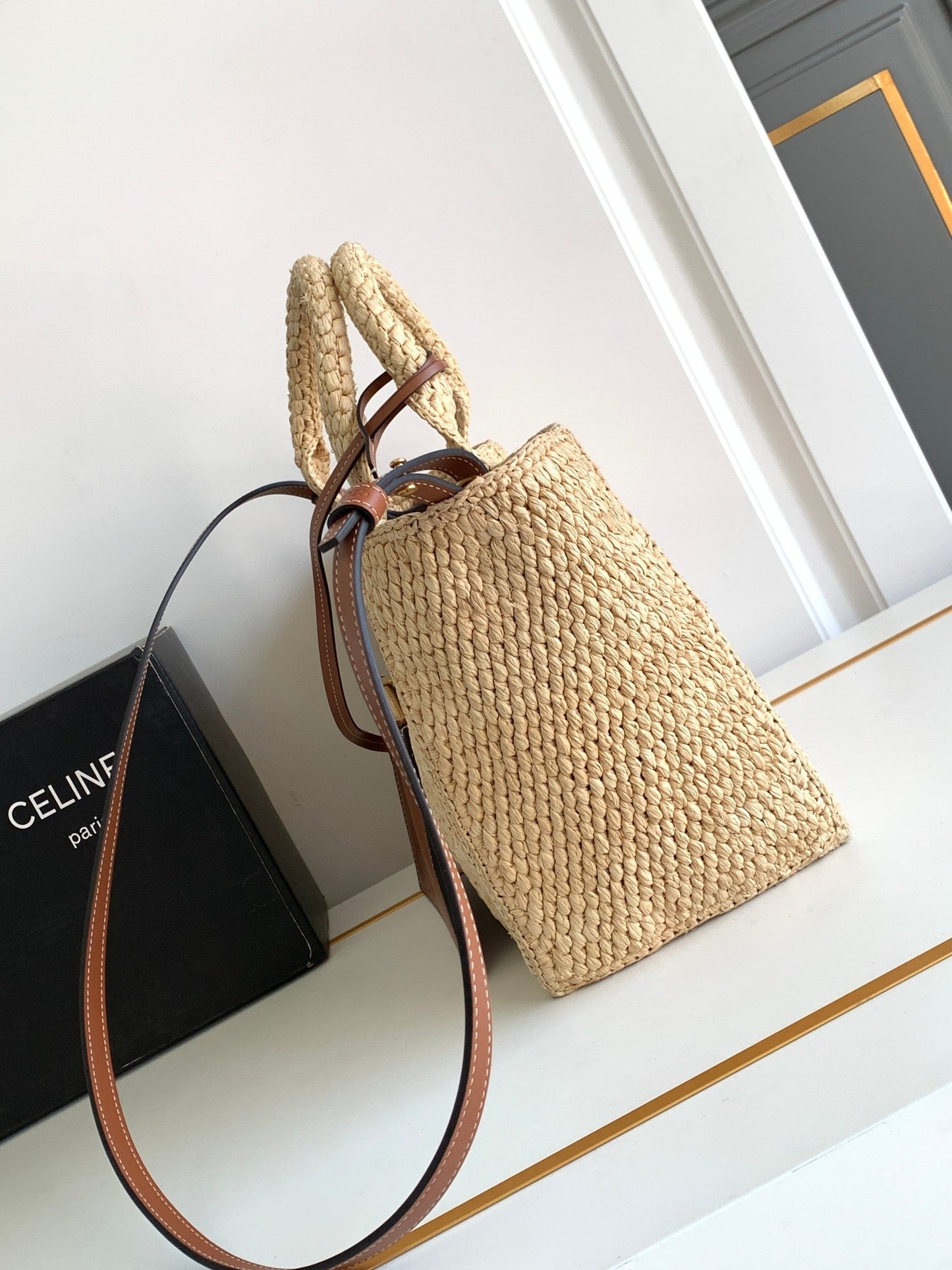 small cabas thais 27cm raffia brown calfskin