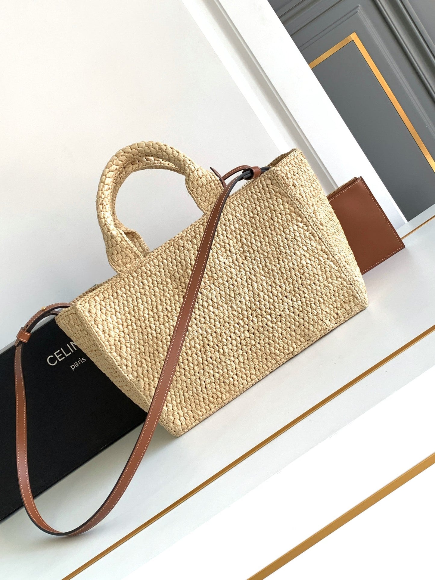 small cabas thais 27cm raffia brown calfskin