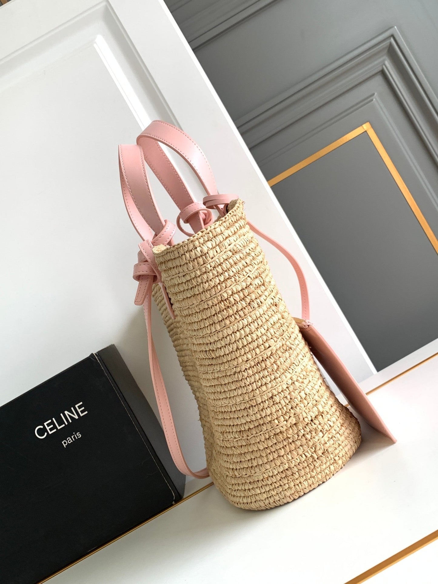 teen supple classic panier 21cm raffia pink calfskin