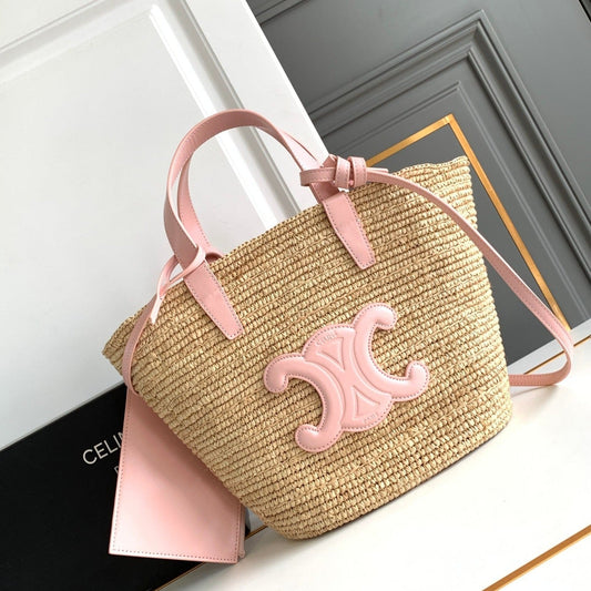 teen supple classic panier 21cm raffia pink calfskin