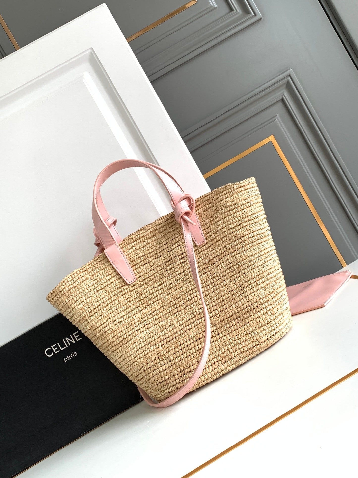 teen supple classic panier 21cm raffia pink calfskin