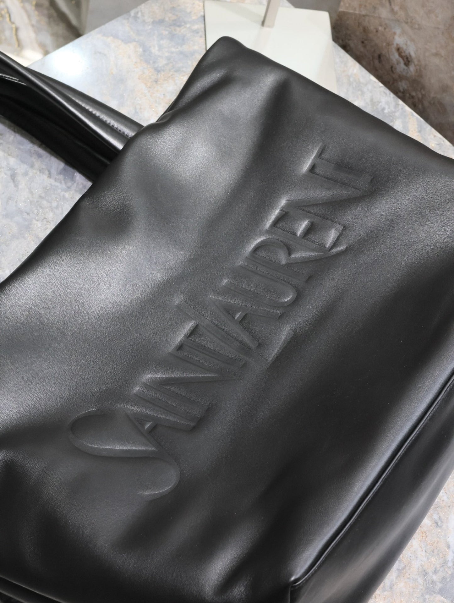 TOTE BAG 50 IN BLACK CALFSKIN WITH EMBOSSED LOGO