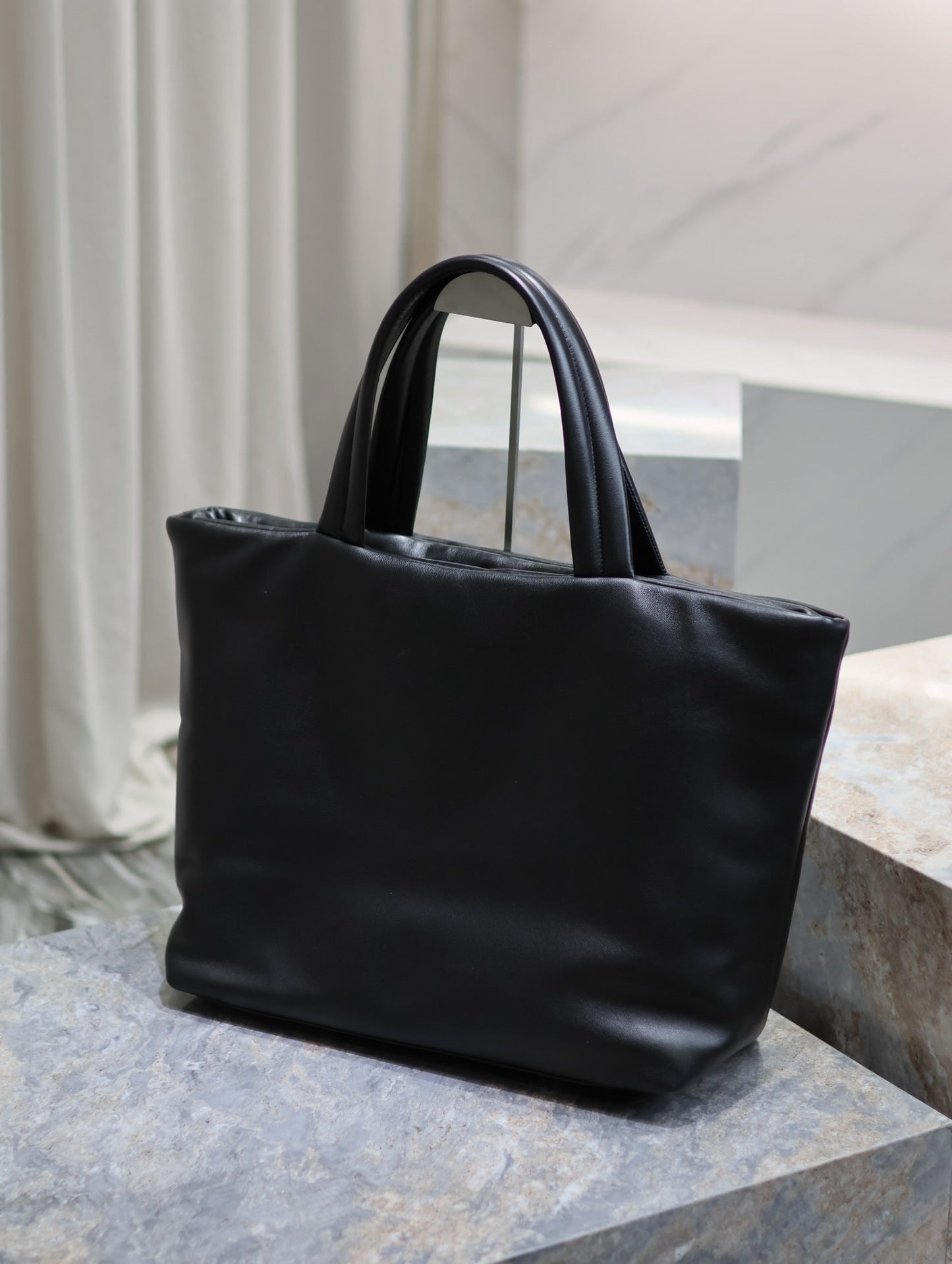 TOTE BAG 50 IN BLACK CALFSKIN WITH EMBOSSED LOGO