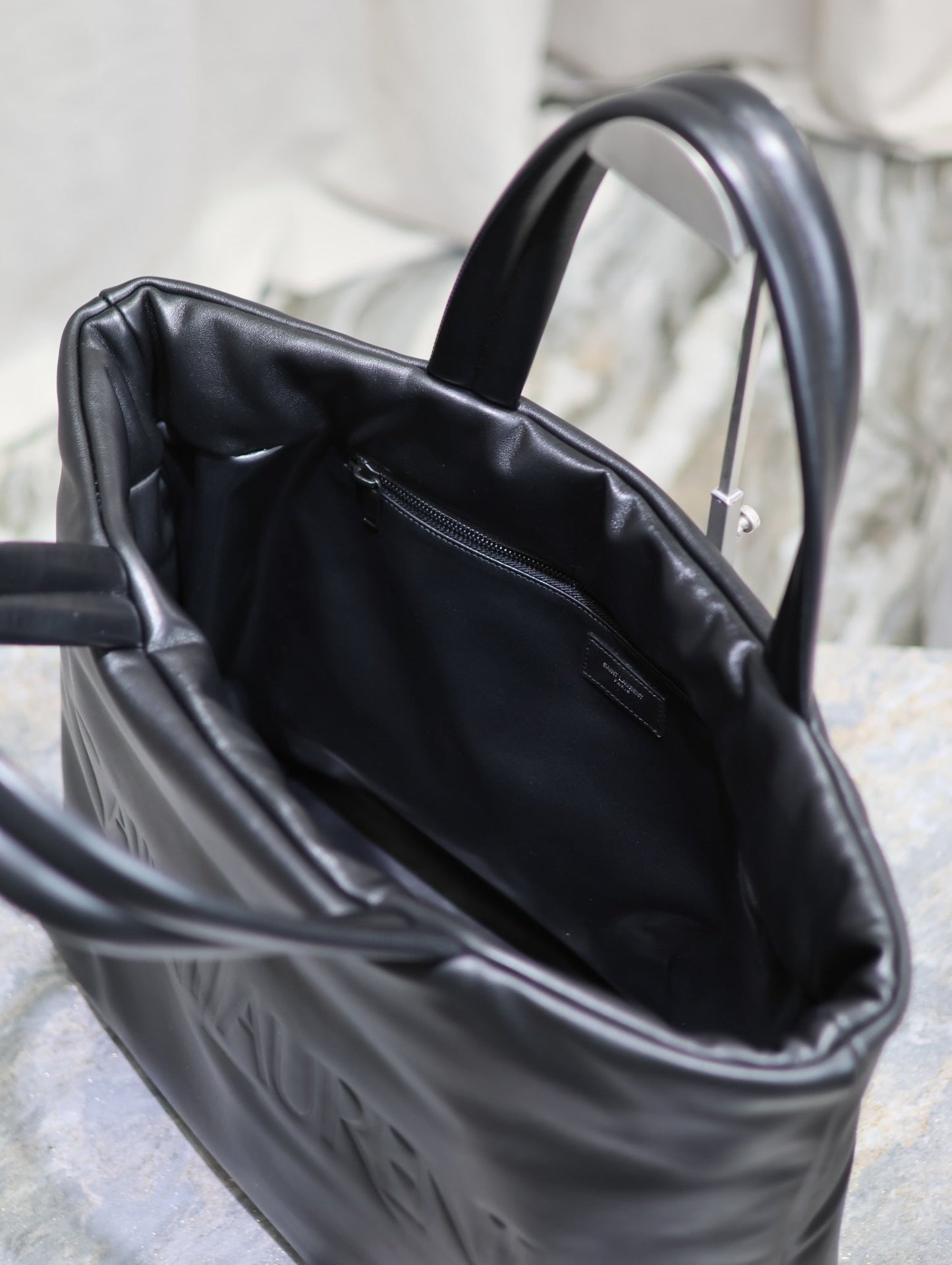 TOTE BAG 50 IN BLACK CALFSKIN WITH EMBOSSED LOGO