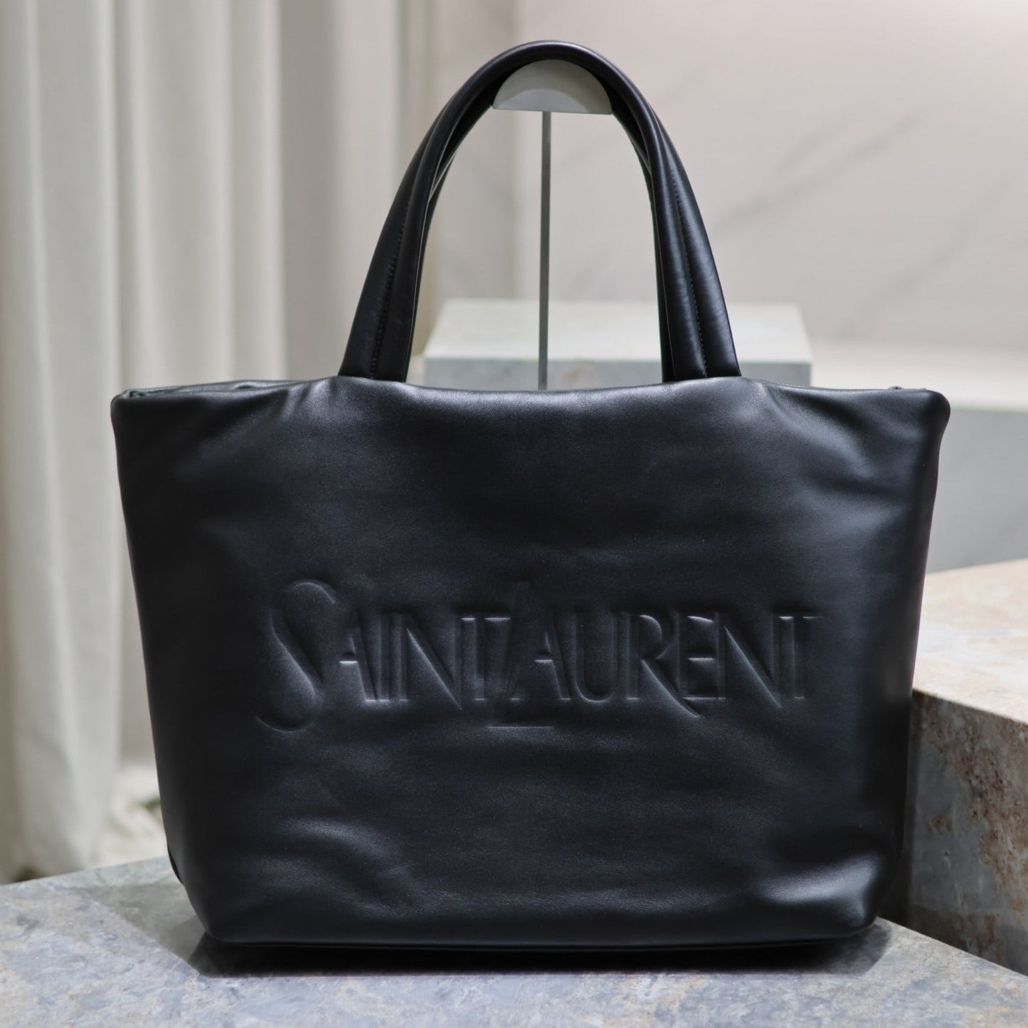 TOTE BAG 50 IN BLACK CALFSKIN WITH EMBOSSED LOGO