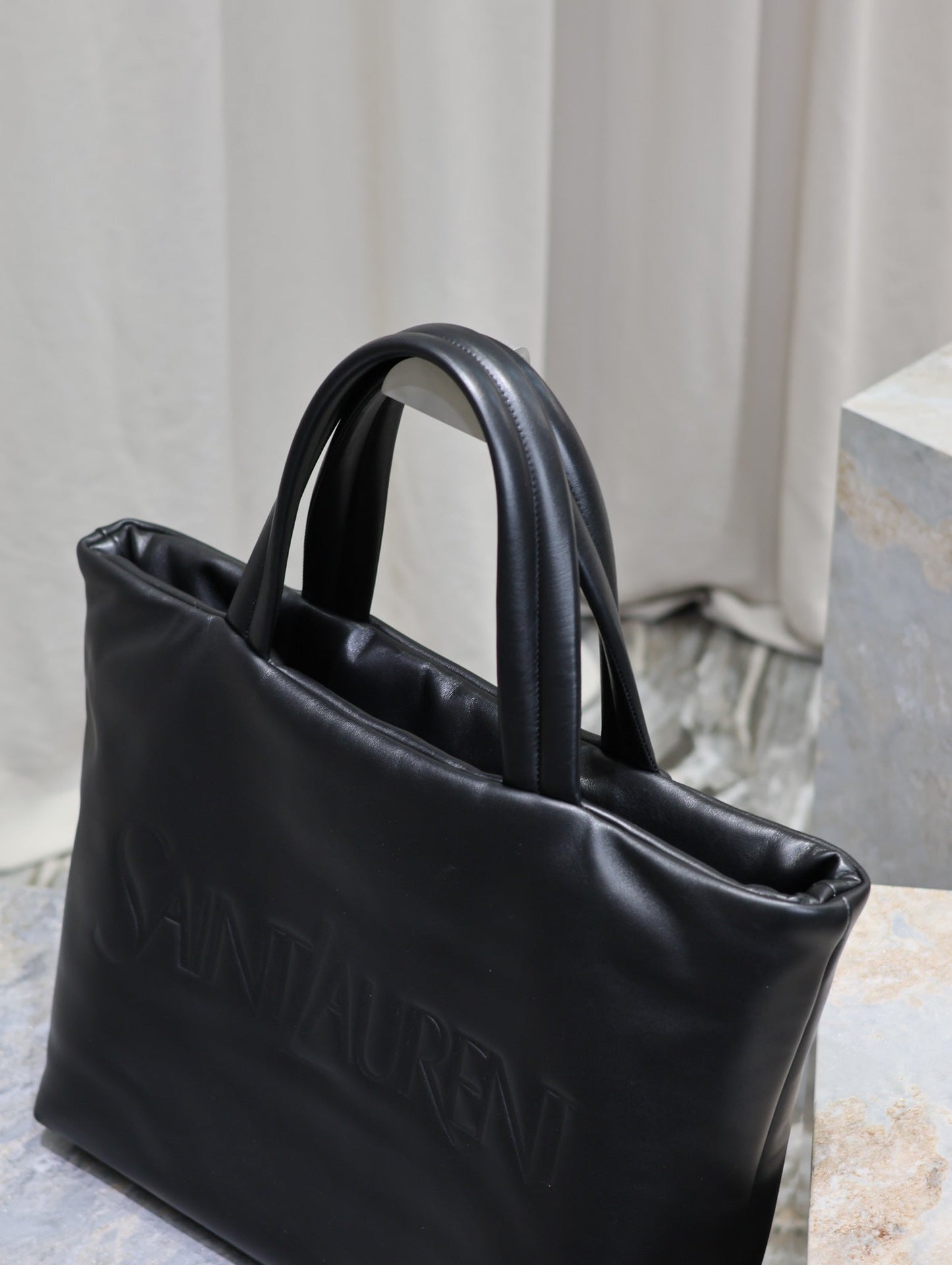 TOTE BAG 50 IN BLACK CALFSKIN WITH EMBOSSED LOGO