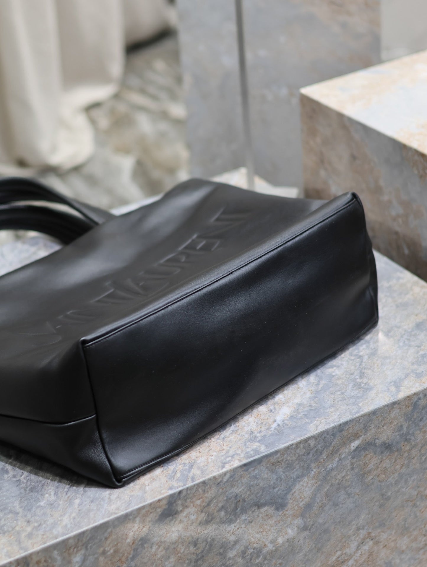 TOTE BAG 50 IN BLACK CALFSKIN WITH EMBOSSED LOGO