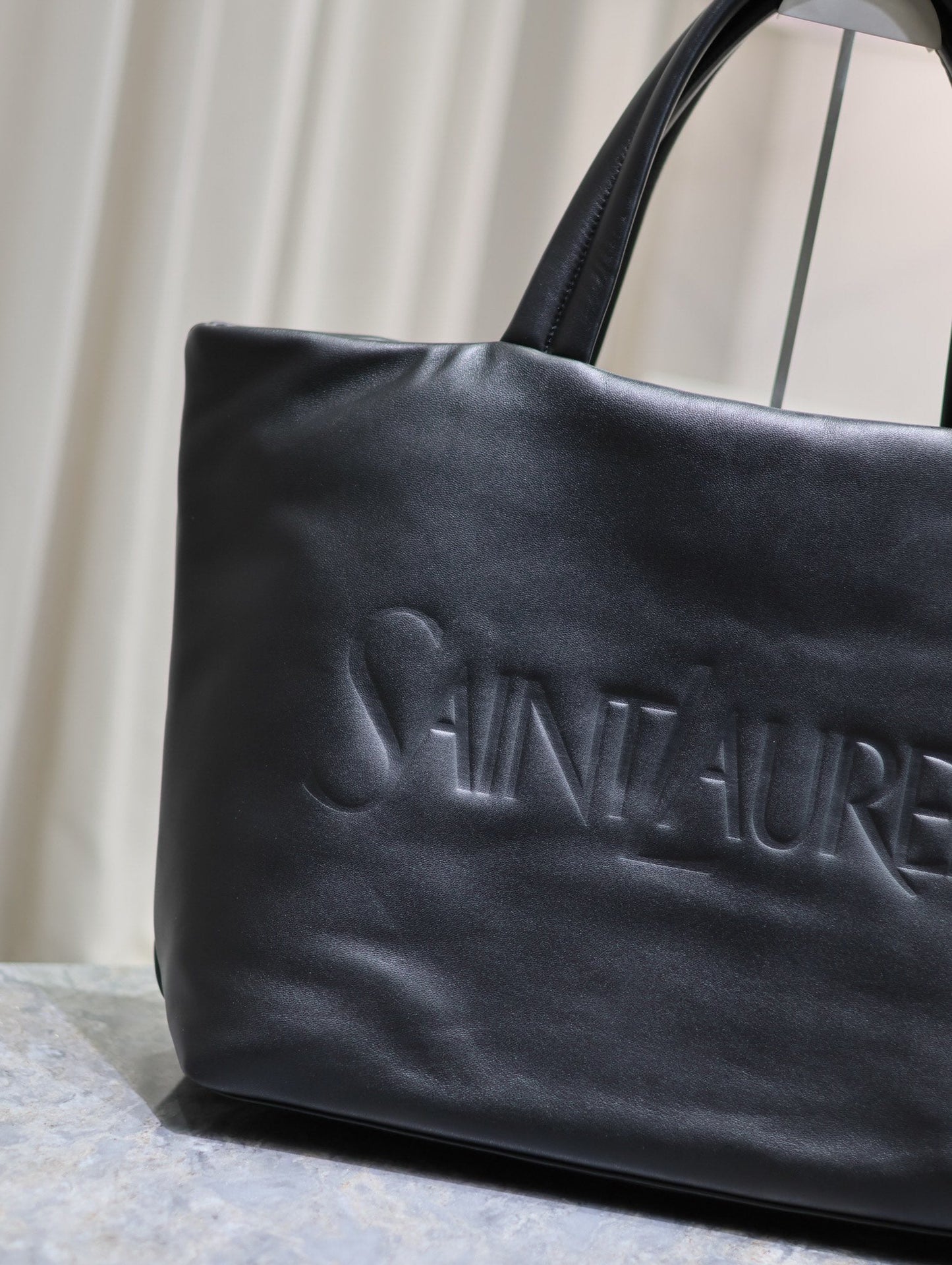 TOTE BAG 50 IN BLACK CALFSKIN WITH EMBOSSED LOGO