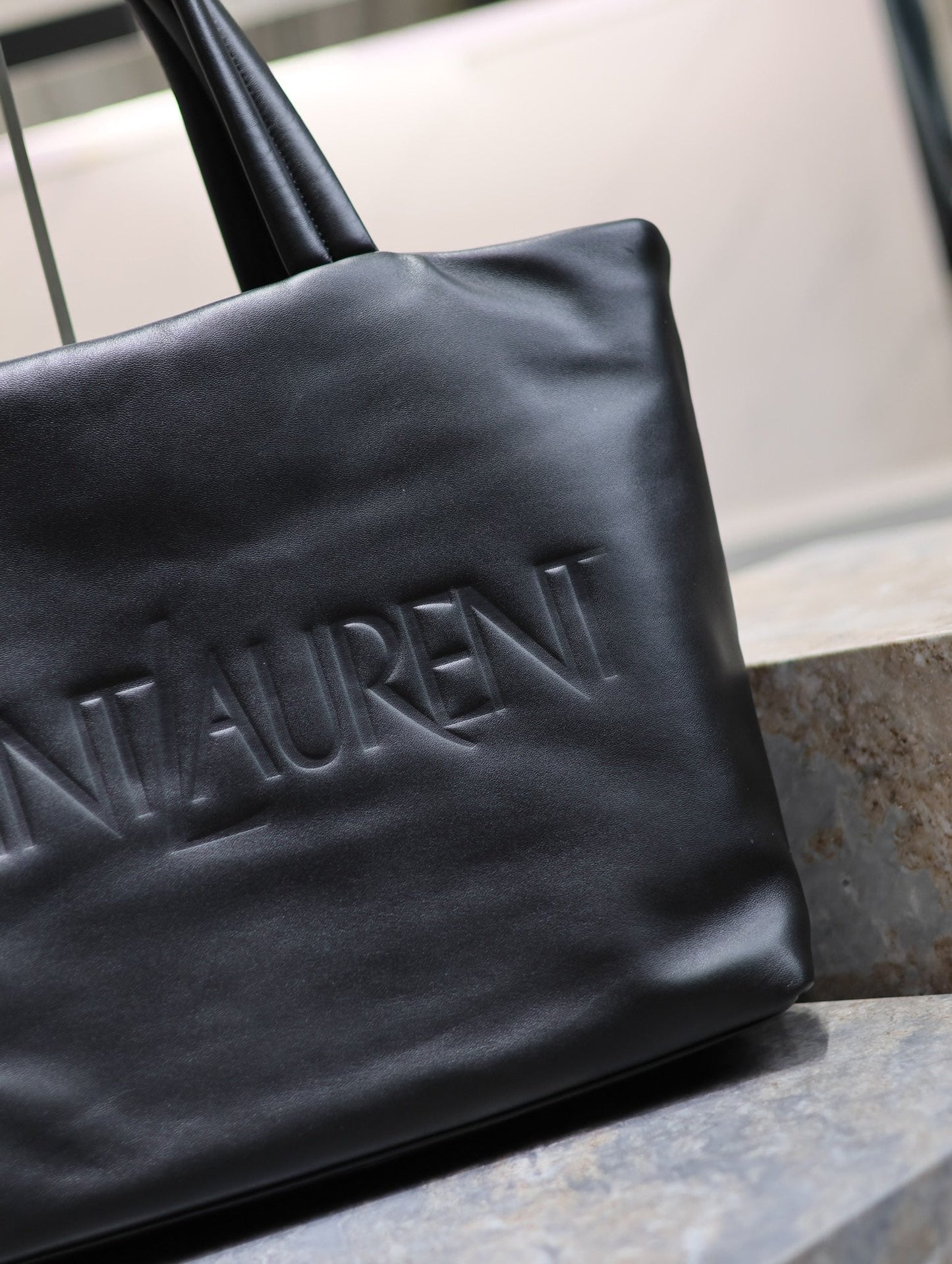 TOTE BAG 50 IN BLACK CALFSKIN WITH EMBOSSED LOGO