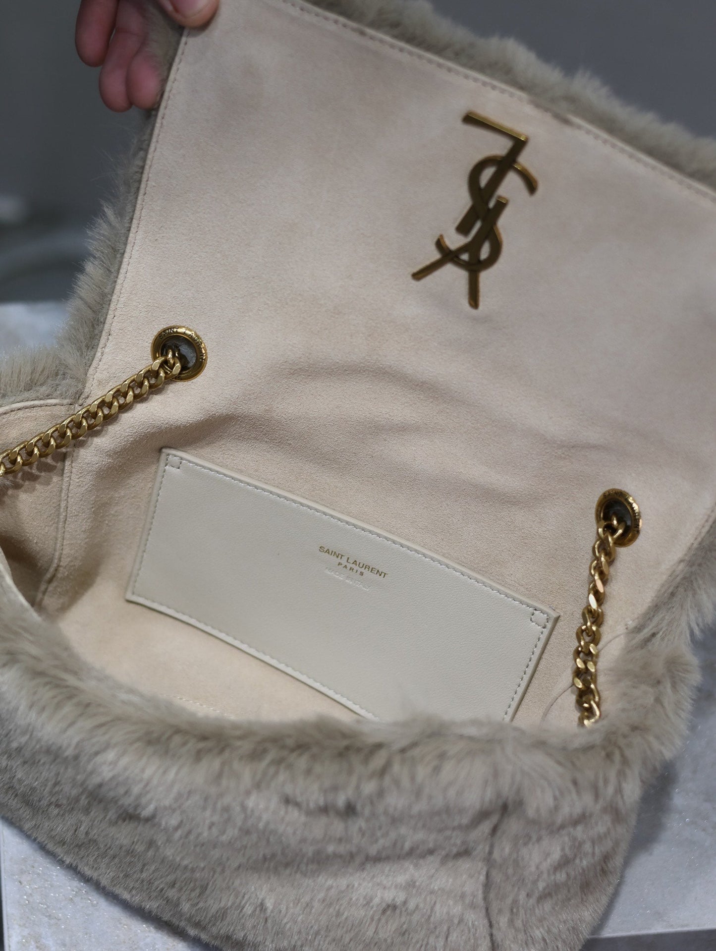 KATE SMALL BAG 22 IN ECRU BEIGE RABBIT FUR GOLD CHAIN