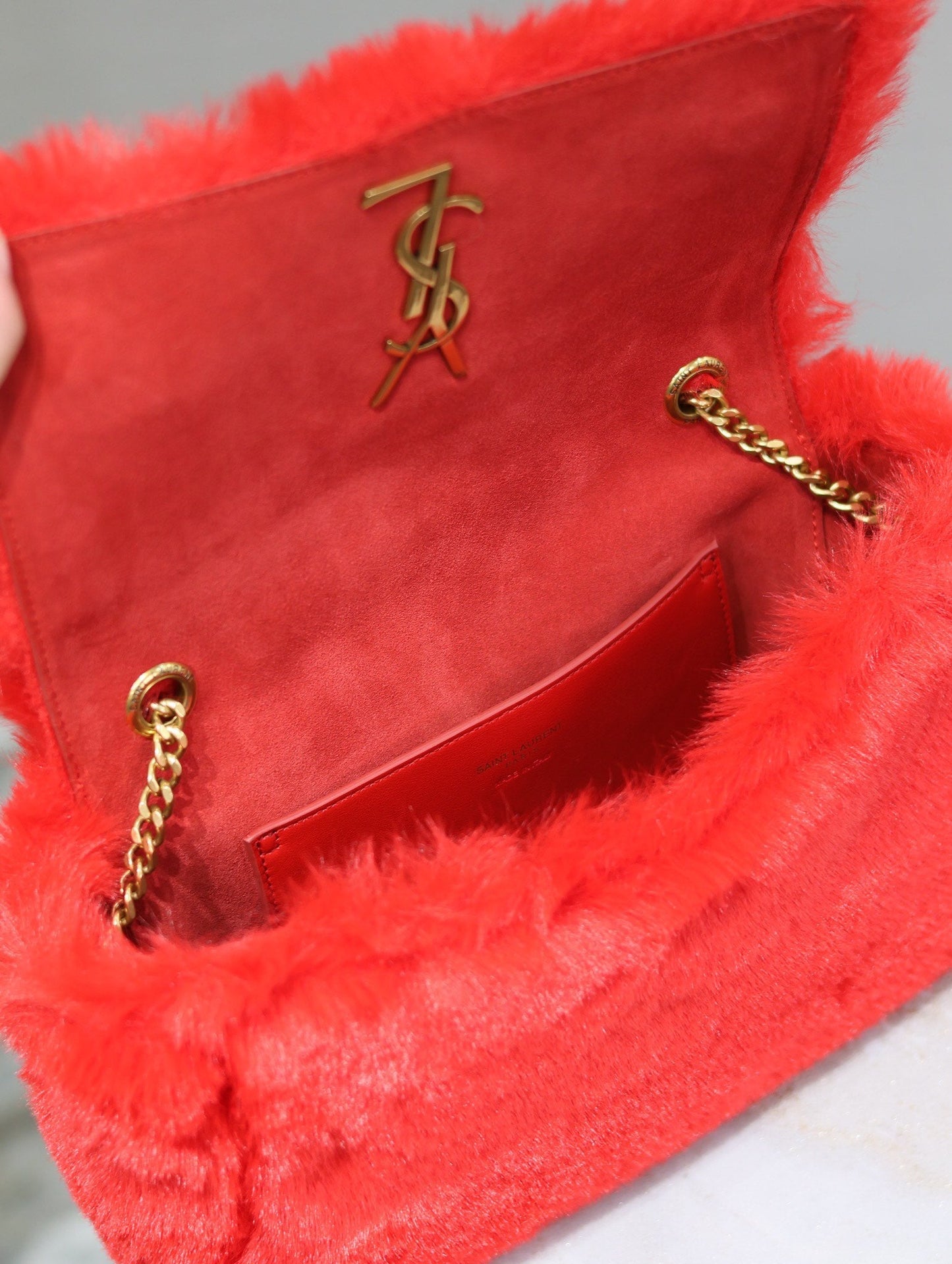 KATE SMALL BAG 22 IN SCARLET RED RABBIT FUR GOLD CHAIN