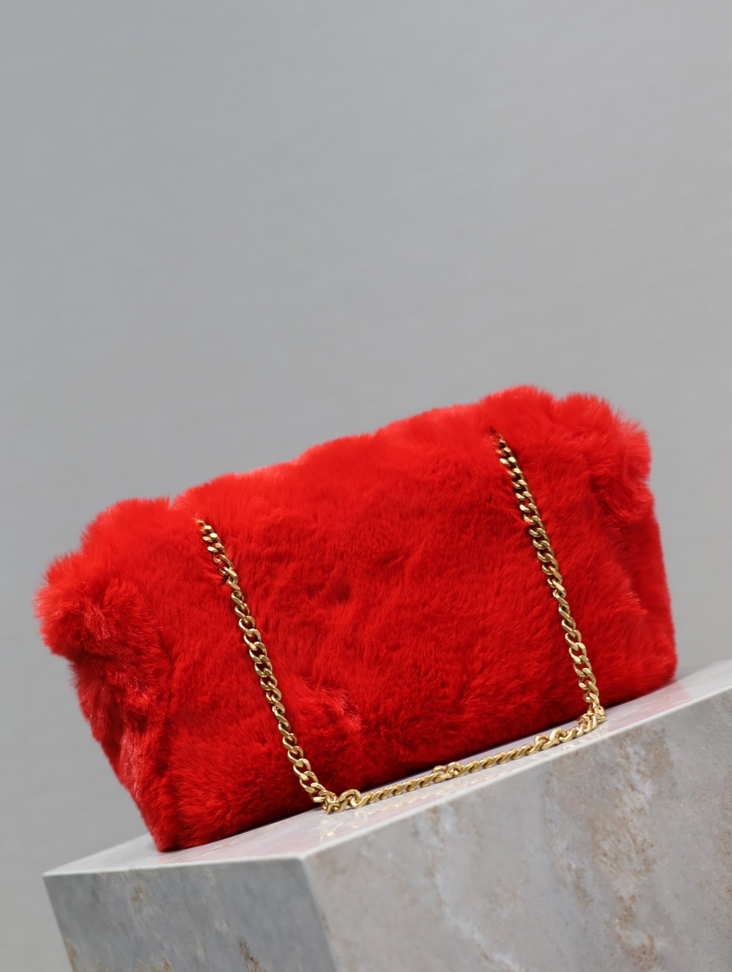 KATE SMALL BAG 22 IN SCARLET RED RABBIT FUR GOLD CHAIN