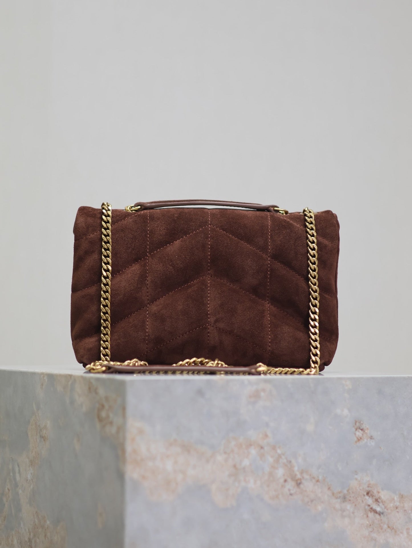 PUFFER TOY 23 IN WALNUT BROWN SUEDE GOLD HARDWARE