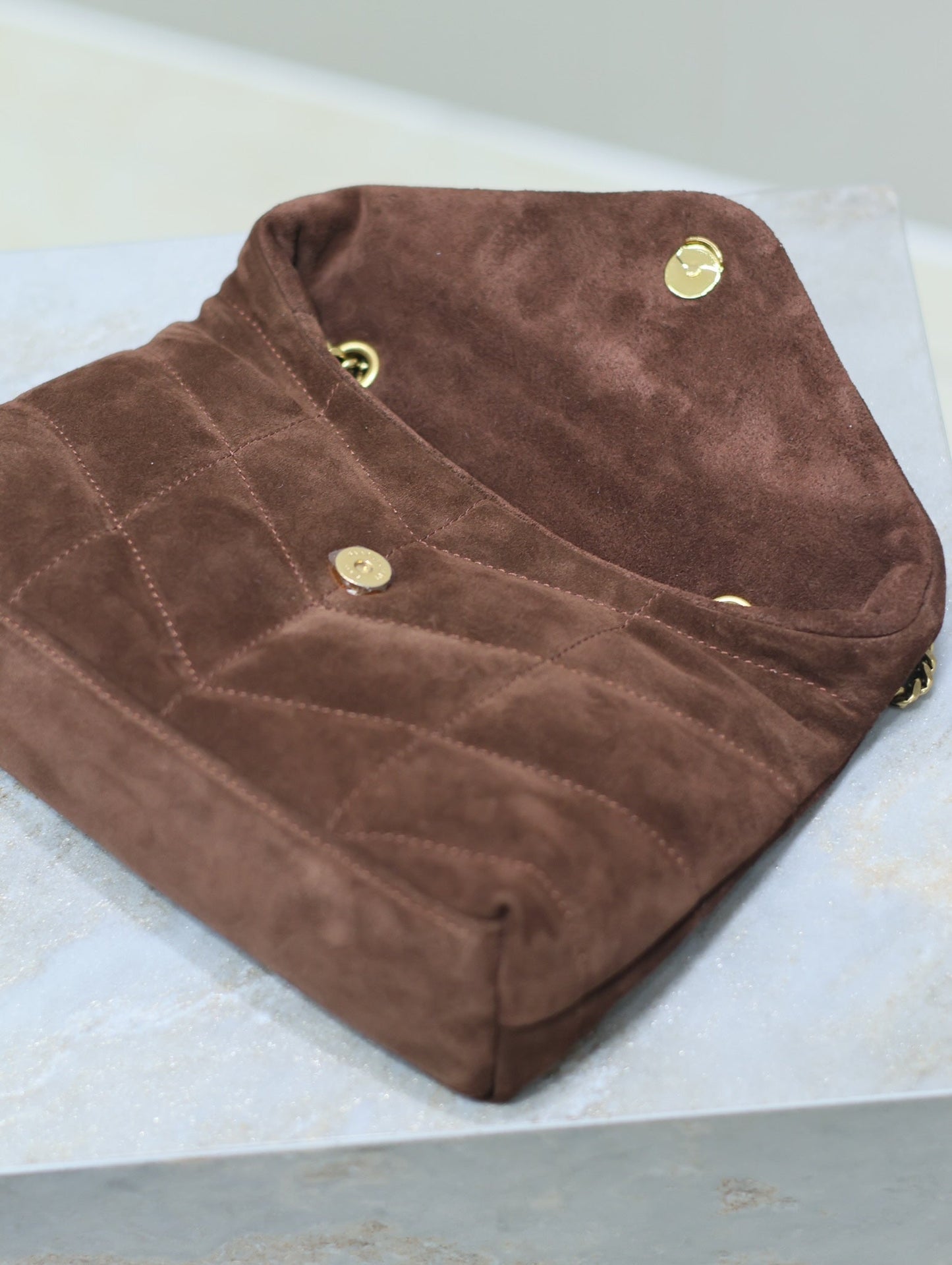 PUFFER TOY 23 IN WALNUT BROWN SUEDE GOLD HARDWARE