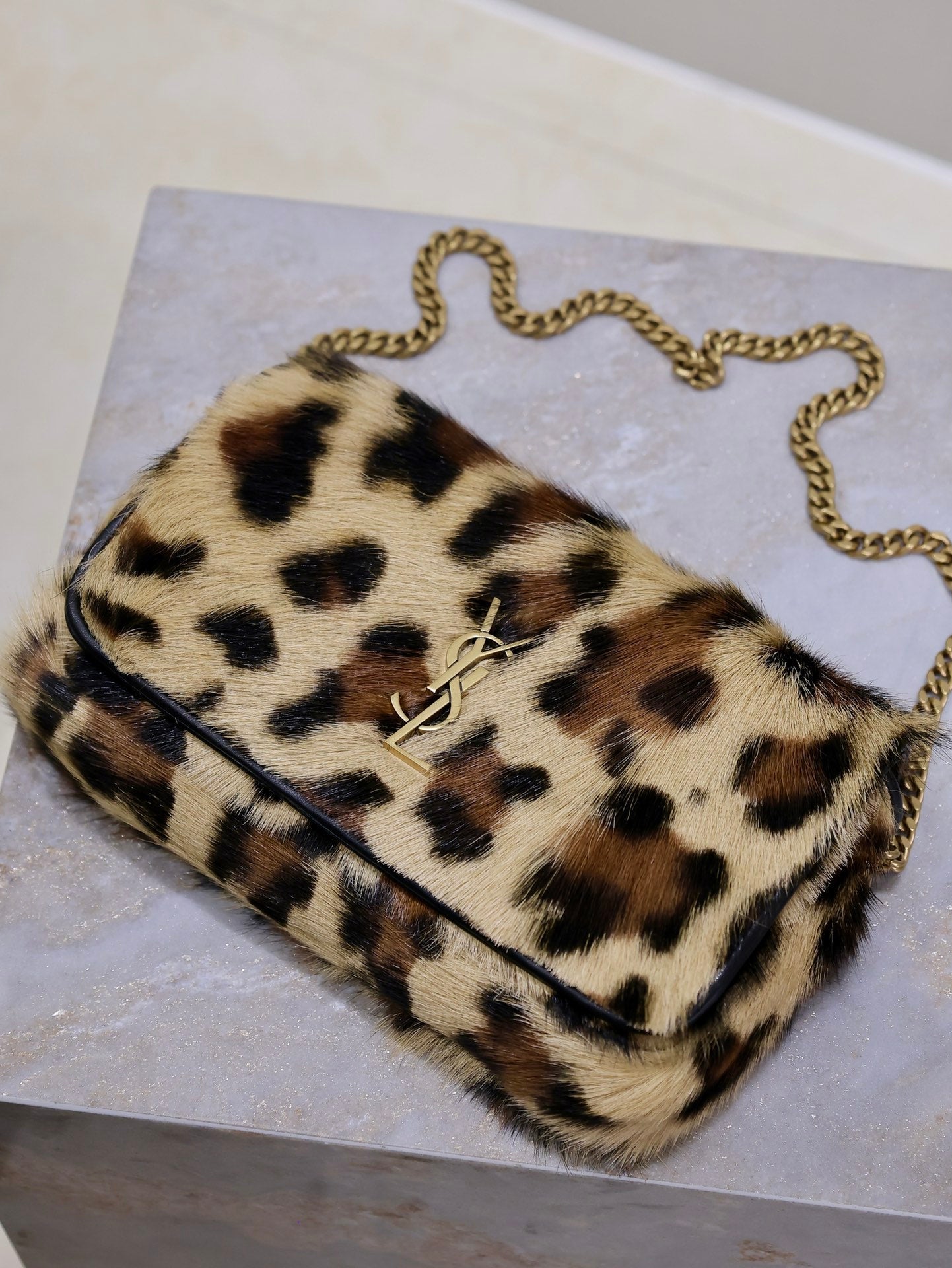 KATE SMALL BAG 20 IN LEOPARD PRINT FUR COPPER CHAIN