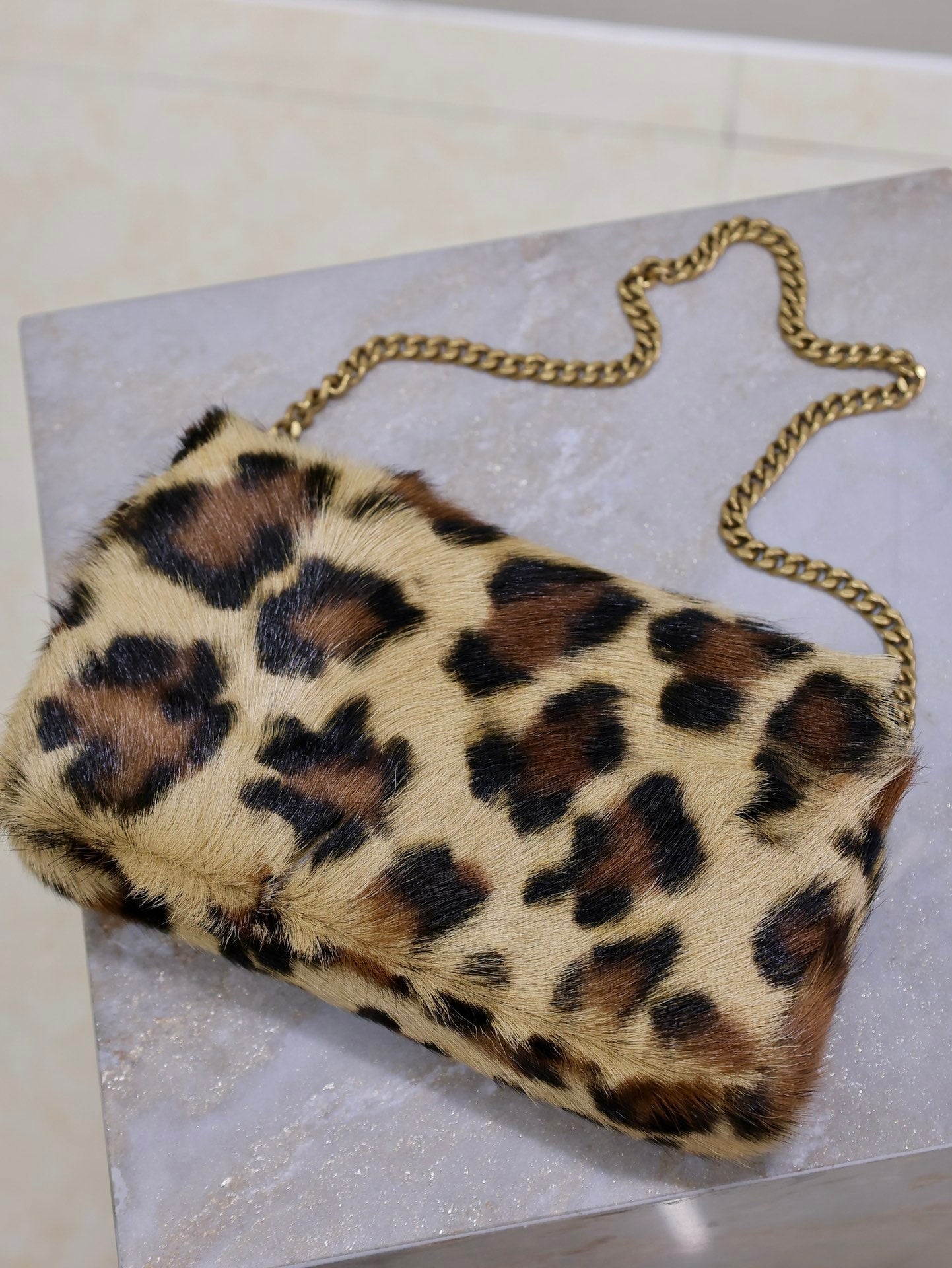 KATE SMALL BAG 20 IN LEOPARD PRINT FUR COPPER CHAIN