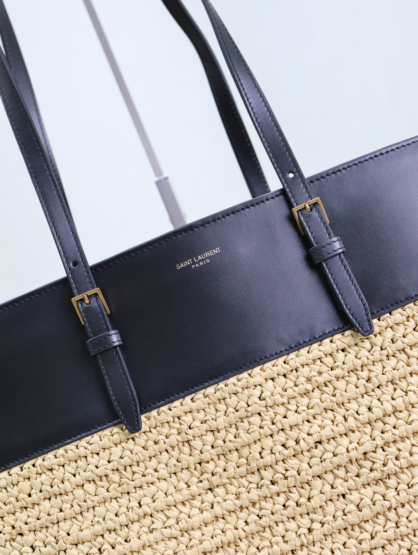 SHOPPING TOTE BAG 38 IN BEIGE WOVEN RAFFIA AND BLACK CALFSKIN