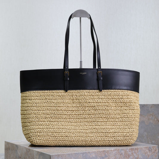 SHOPPING TOTE BAG 38 IN BEIGE WOVEN RAFFIA AND BLACK CALFSKIN