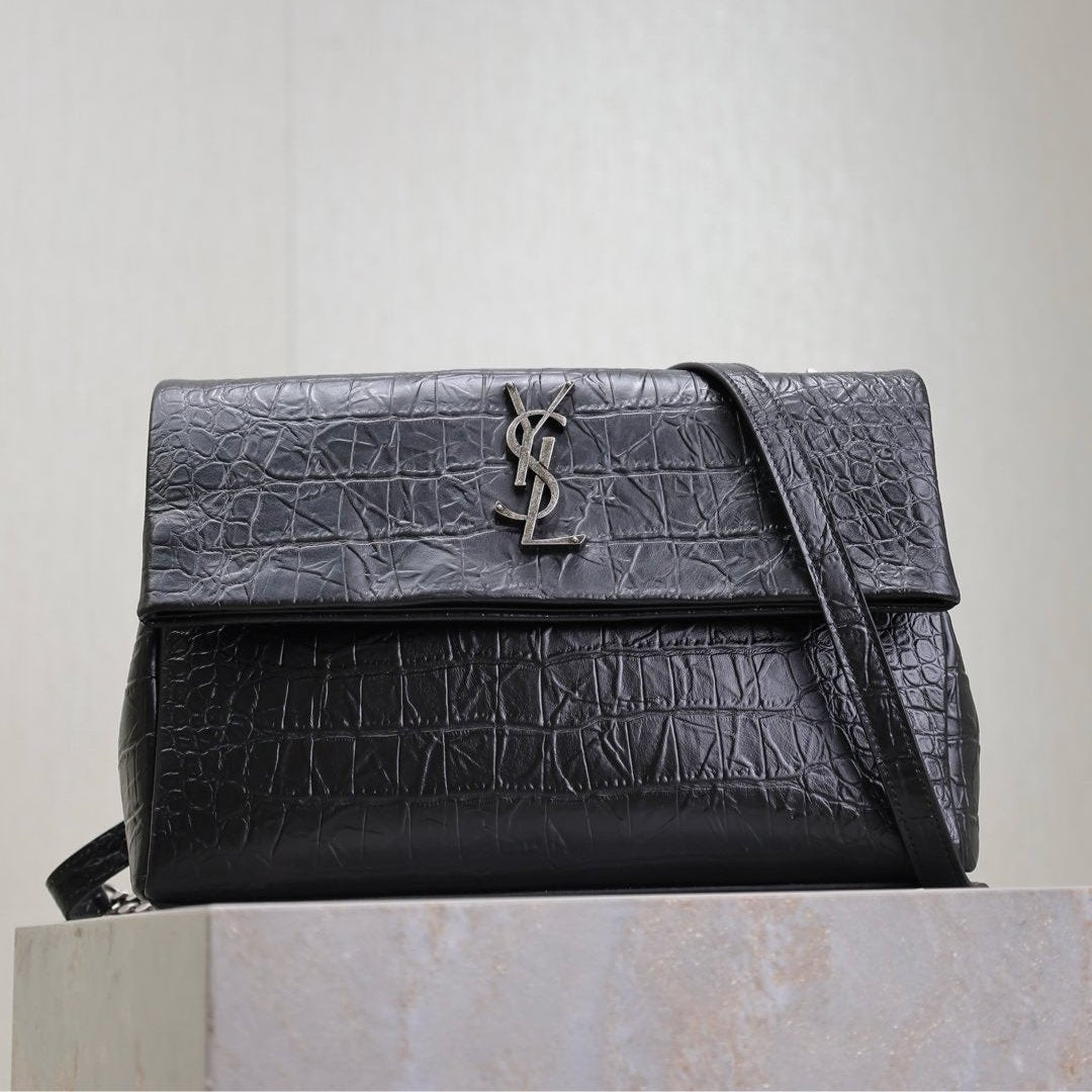 WEST HOLLYWOOD BAG 28 IN BLACK CROCODILE TEXTURED CALFSKIN SILVER HARDWARE