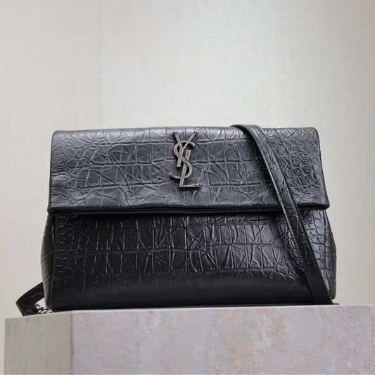 WEST HOLLYWOOD BAG 28 IN BLACK CROCODILE TEXTURED CALFSKIN SILVER HARDWARE