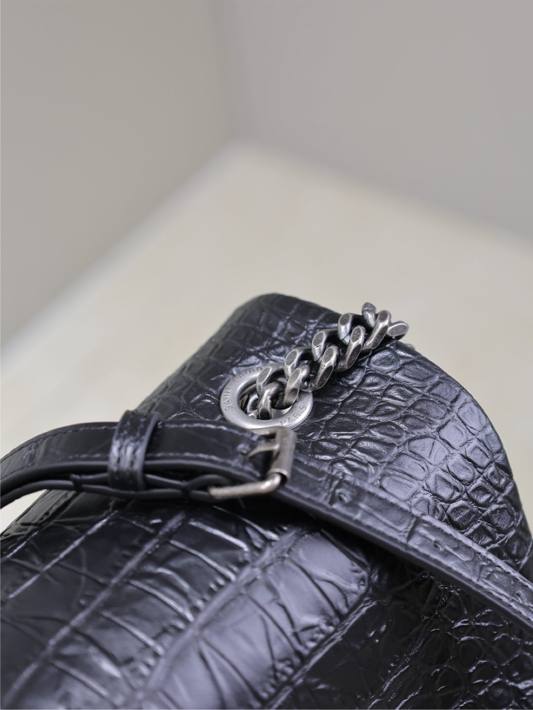 WEST HOLLYWOOD BAG 28 IN BLACK CROCODILE TEXTURED CALFSKIN SILVER HARDWARE