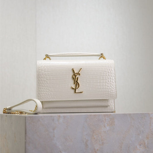 SUNSET SMALL BAG 19 IN WHITE CROCODILE-EMBOSSED CALFSKIN GOLD HARDWARE