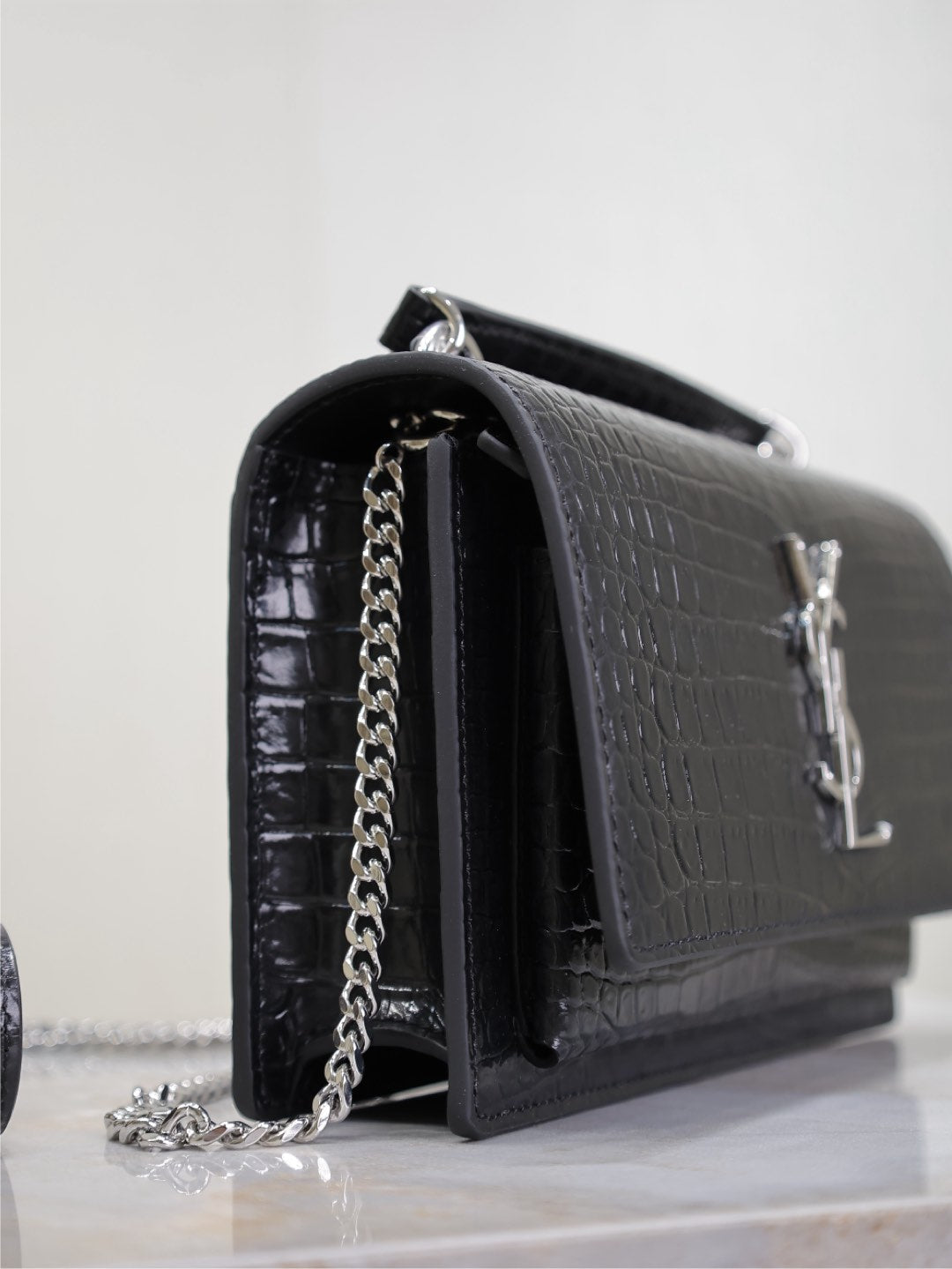 SUNSET SMALL BAG 19 IN BLACK CROCODILE-EMBOSSED CALFSKIN SILVER HARDWARE