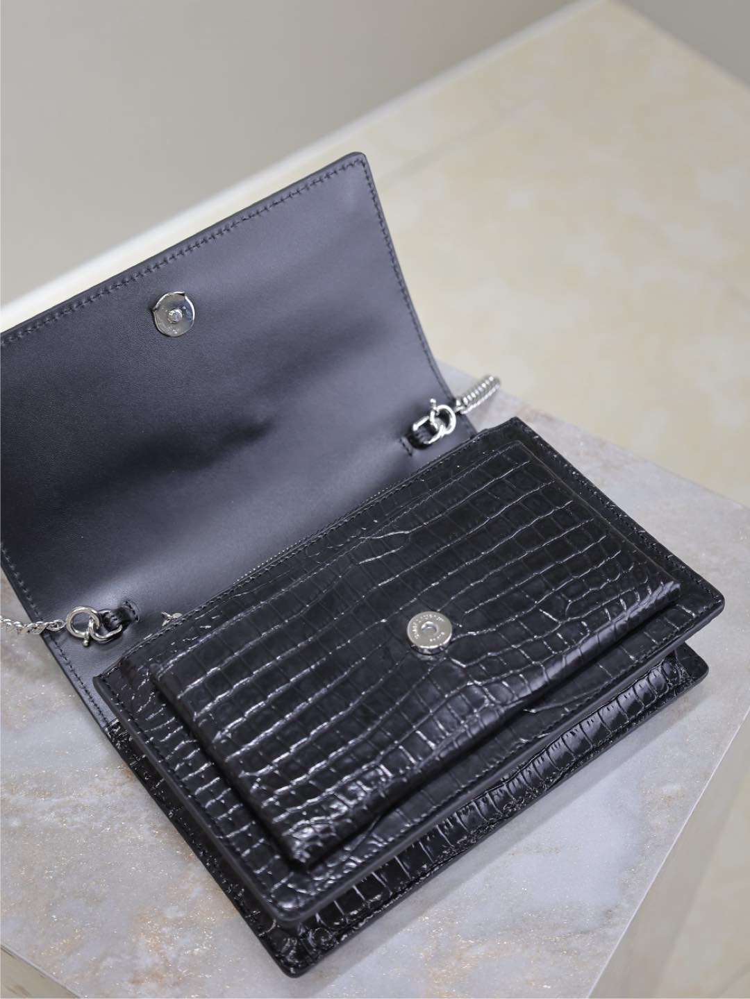 SUNSET SMALL BAG 19 IN BLACK CROCODILE-EMBOSSED CALFSKIN SILVER HARDWARE