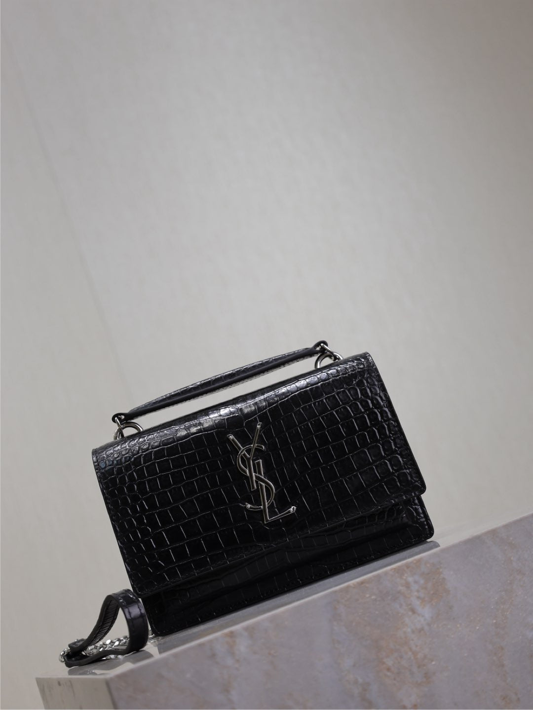 SUNSET SMALL BAG 19 IN BLACK CROCODILE-EMBOSSED CALFSKIN SILVER HARDWARE