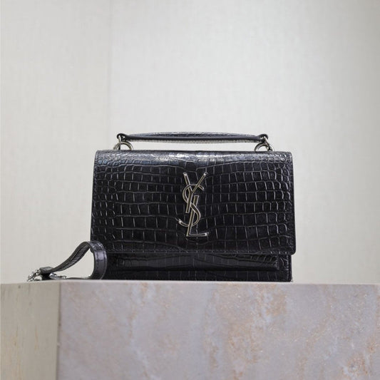 SUNSET SMALL BAG 19 IN BLACK CROCODILE-EMBOSSED CALFSKIN SILVER HARDWARE