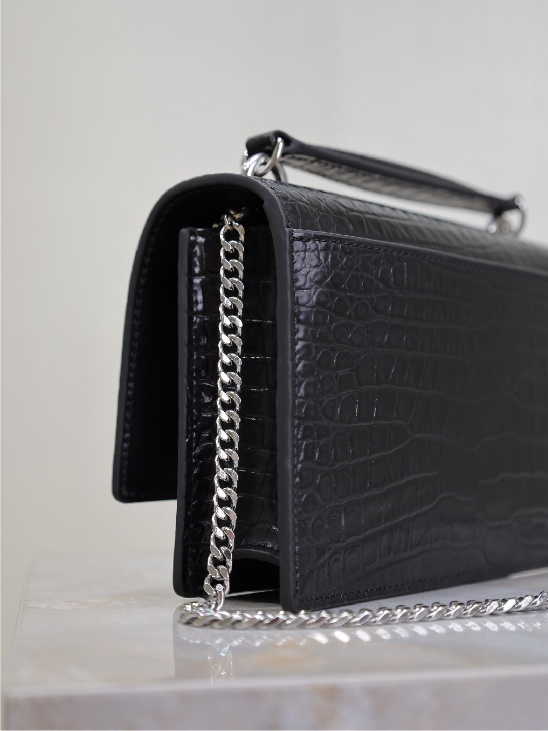 SUNSET SMALL BAG 19 IN BLACK CROCODILE-EMBOSSED CALFSKIN SILVER HARDWARE