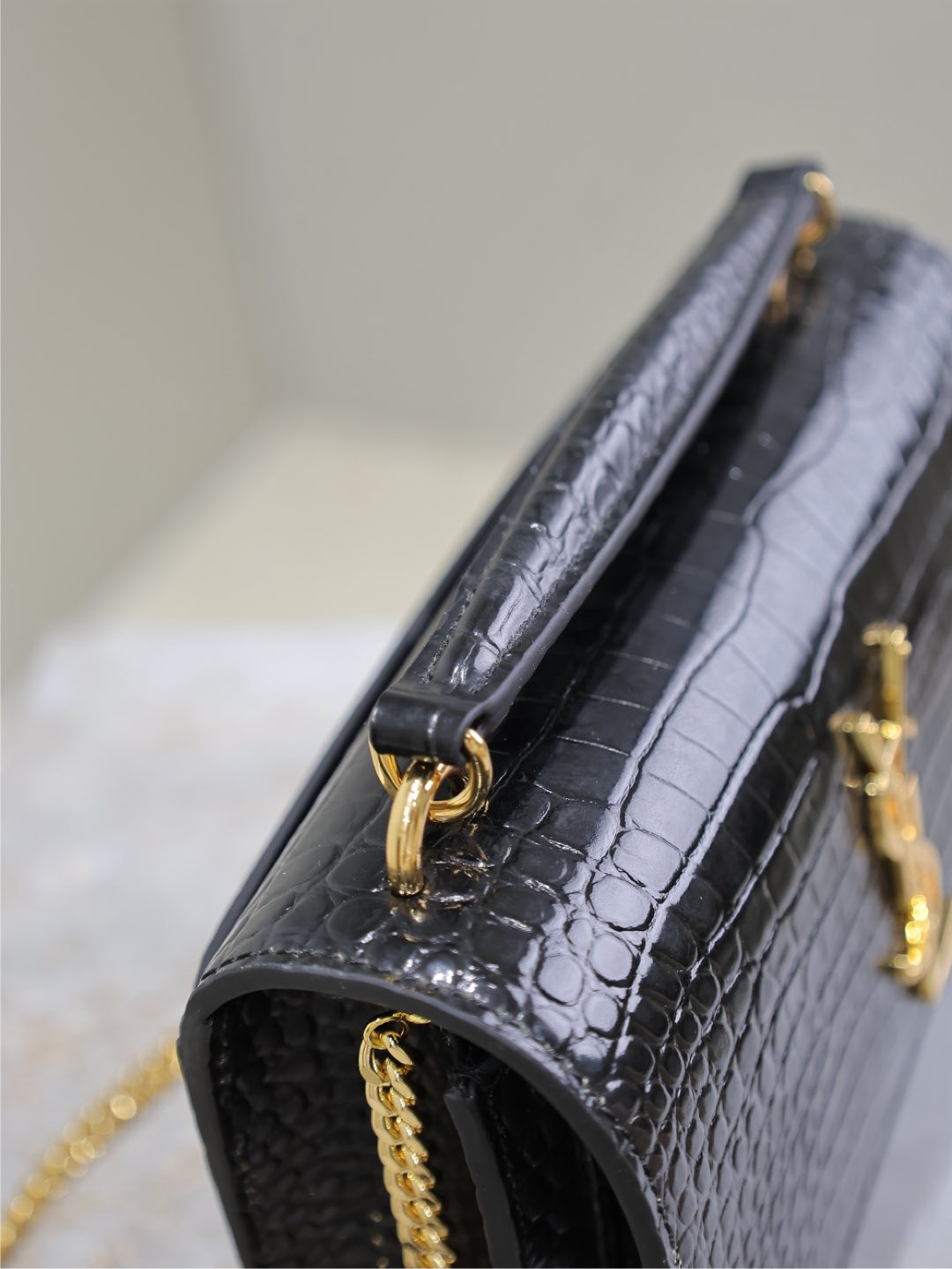 SUNSET SMALL BAG 19 IN BLACK CROCODILE-EMBOSSED CALFSKIN COPPER HARDWARE