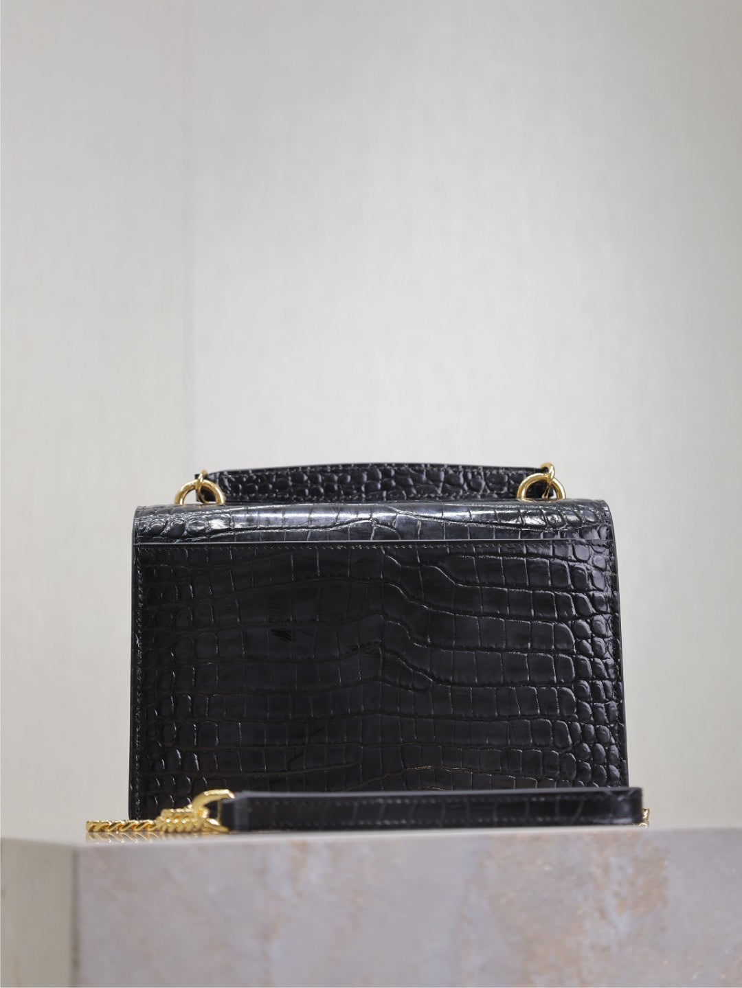 SUNSET SMALL BAG 19 IN BLACK CROCODILE-EMBOSSED CALFSKIN COPPER HARDWARE