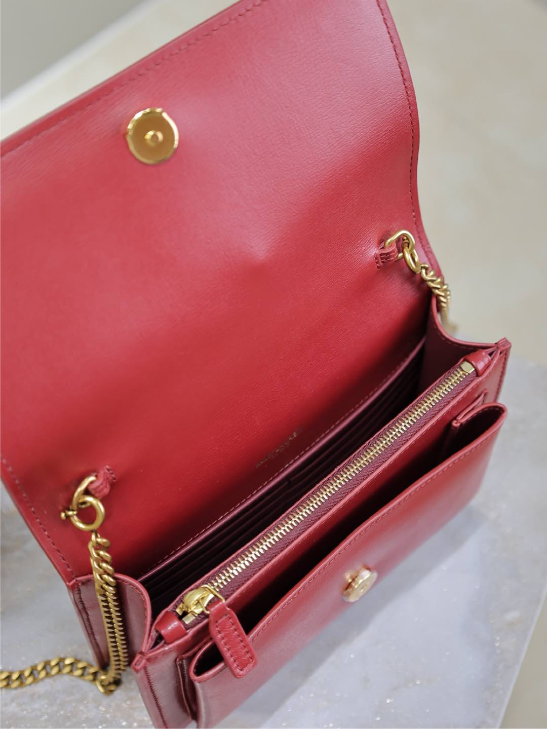 SUNSET SMALL BAG 19 IN RED CALFSKIN COPPER HARDWARE