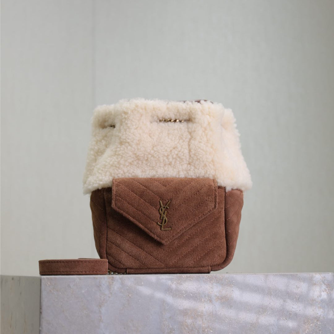 JOE MINI BUCKET BAG 19 IN WHITE SHEARLING AND BROWN SUEDE