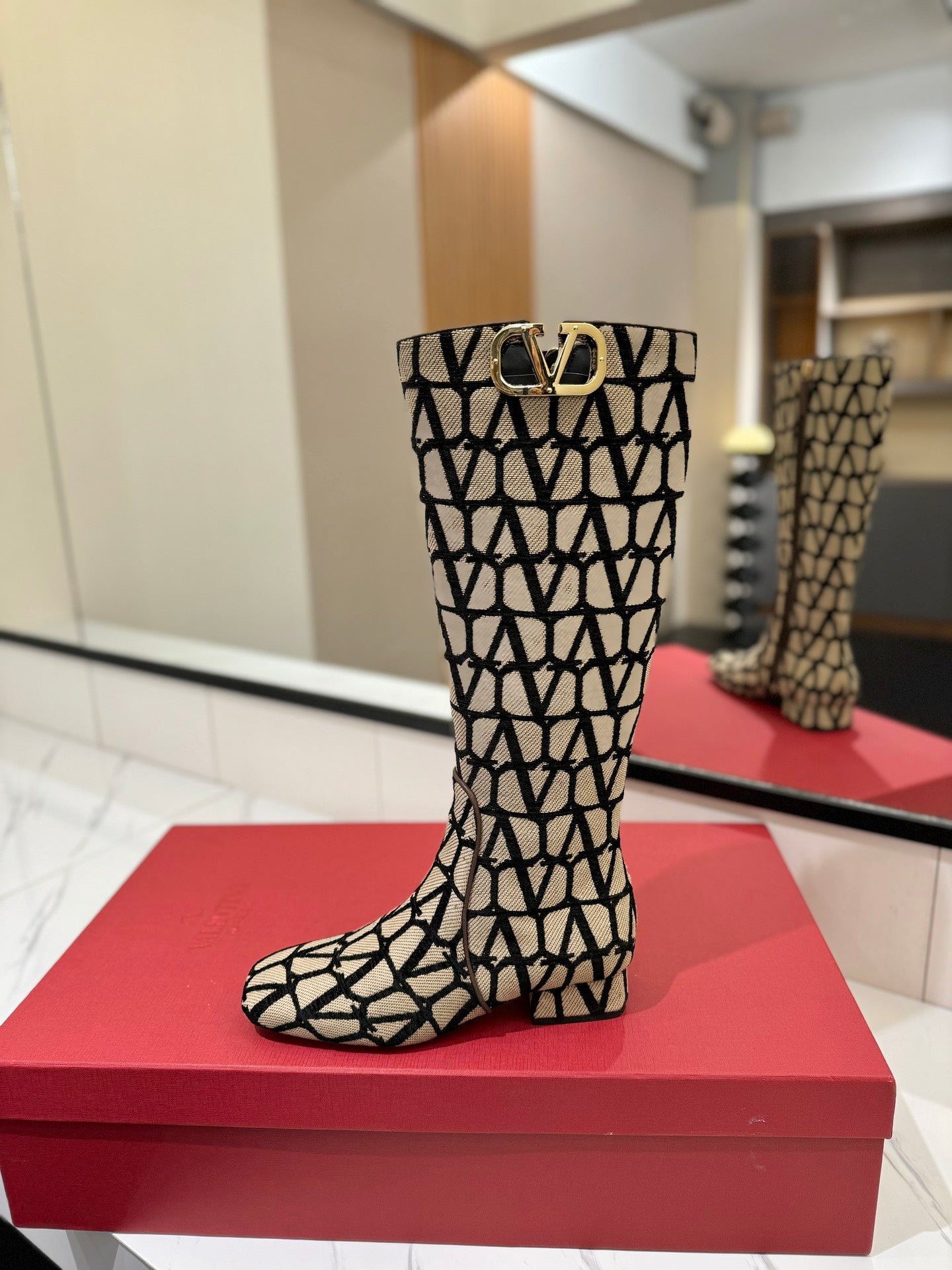 Valentino Garavani VLogo Tall Monogram High Boots 30mm In Beige Mix Black Canvas Fabric 992785