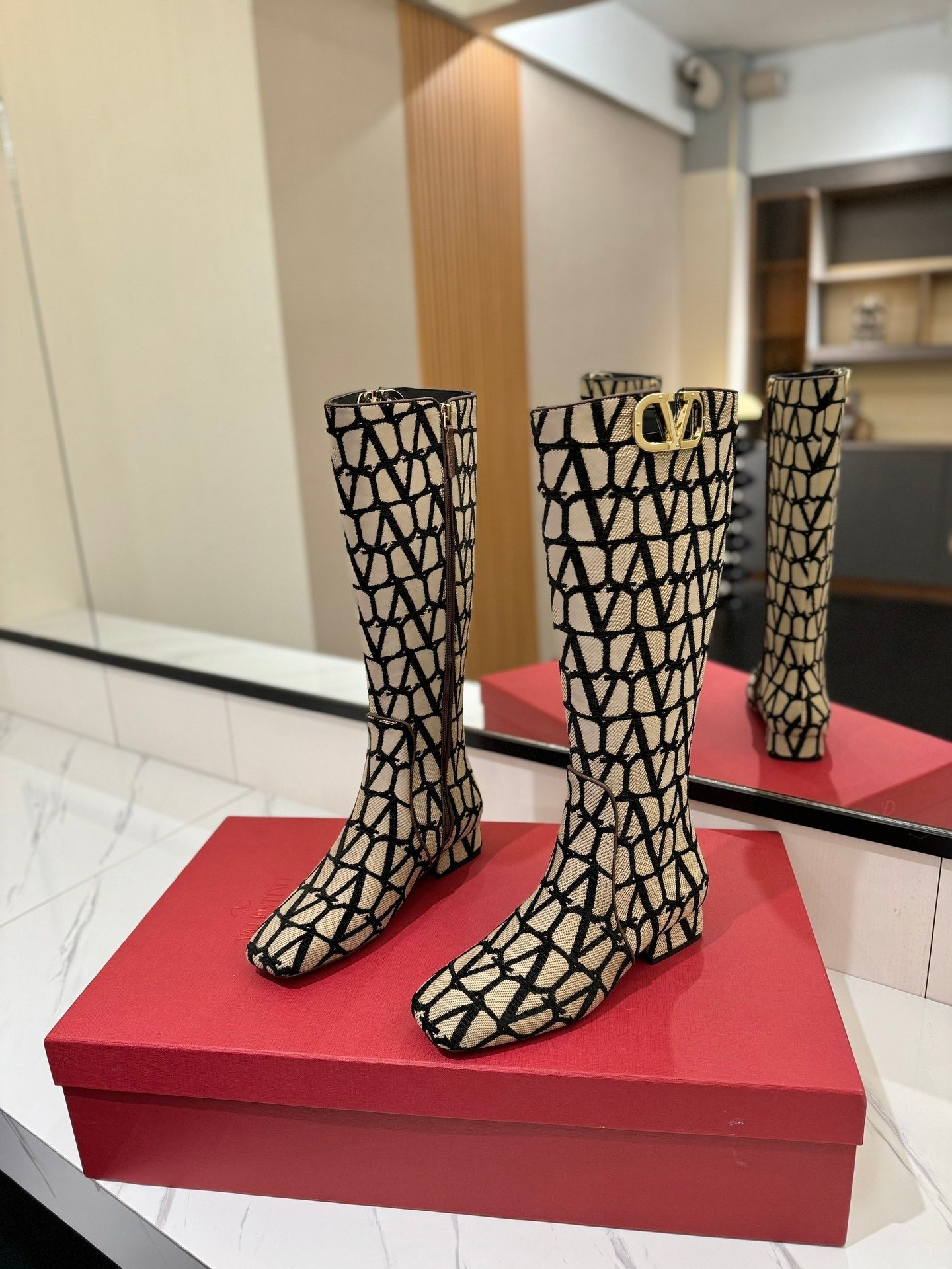 Valentino Garavani VLogo Tall Monogram High Boots 30mm In Beige Mix Black Canvas Fabric 992785