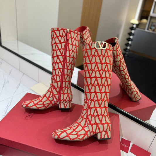 Valentino Garavani VLogo Tall Monogram High Boots 30mm In Beige Mix Red Canvas Fabric 992789