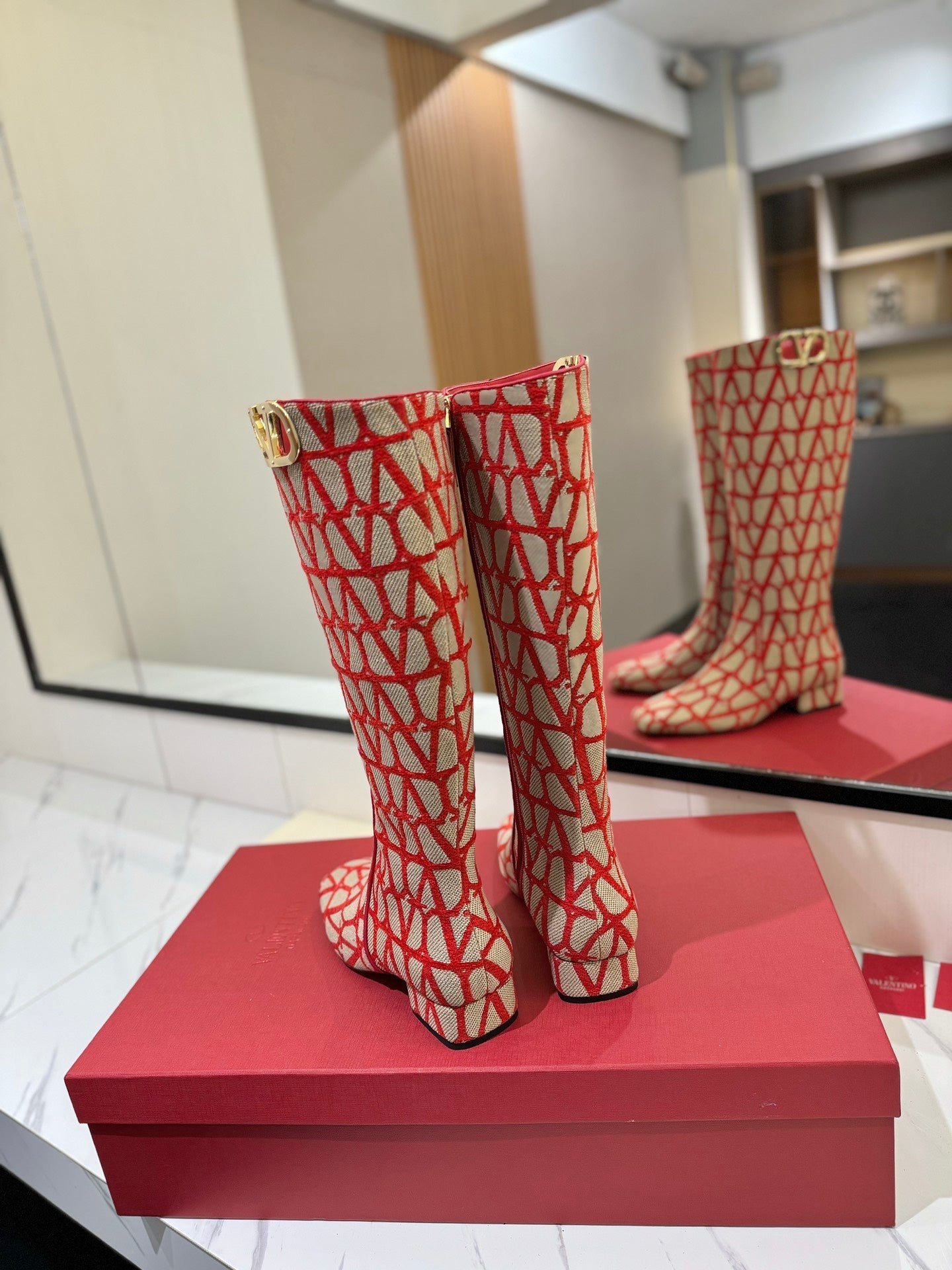 Valentino Garavani VLogo Tall Monogram High Boots 30mm In Beige Mix Red Canvas Fabric 992789