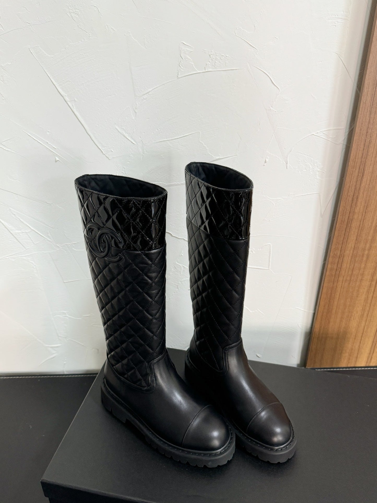 CC High Boots 40mm In Plain Black Mix Glossy Black Quilted Calfskin 949749