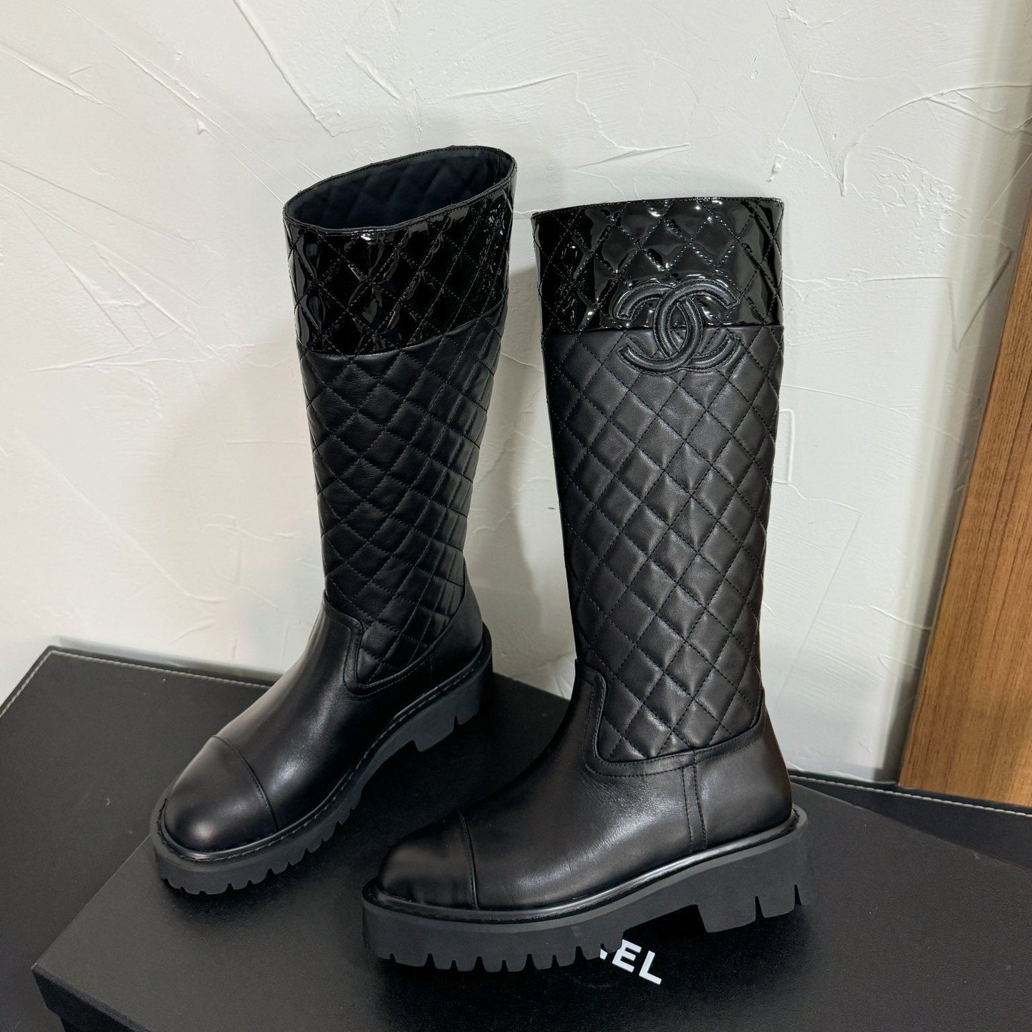 CC High Boots 40mm In Plain Black Mix Glossy Black Quilted Calfskin 949749