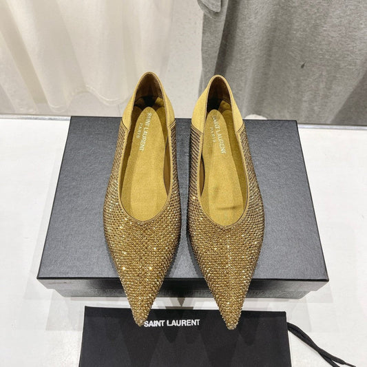 SL NOUR LEOPARD POINT TOE BALLET MUSTARD CRYSTAL SATIN