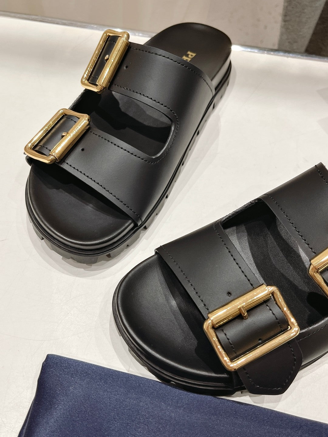 PRA STRAP SLIDES SANDALS BLACK CALFSKIN