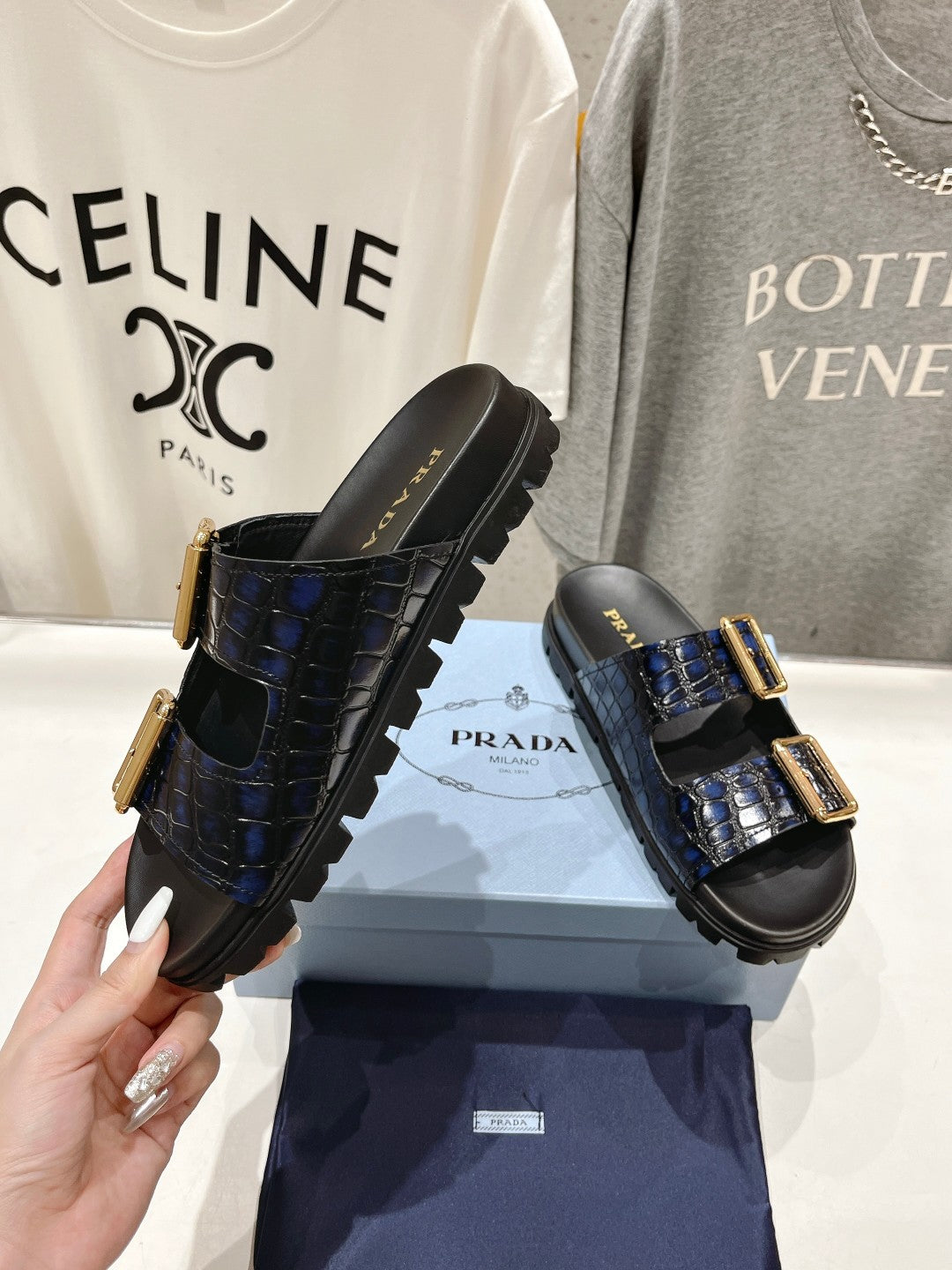 PRA CROCODILE MOTIF STRAP SLIDES SANDALS BLACK AND LAPIS CALFSKIN