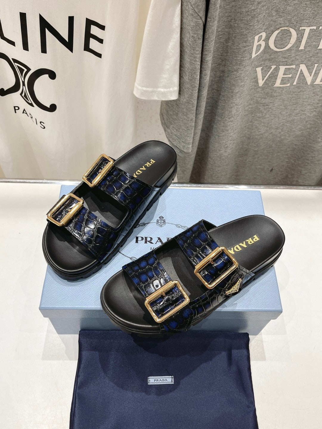 PRA CROCODILE MOTIF STRAP SLIDES SANDALS BLACK AND LAPIS CALFSKIN