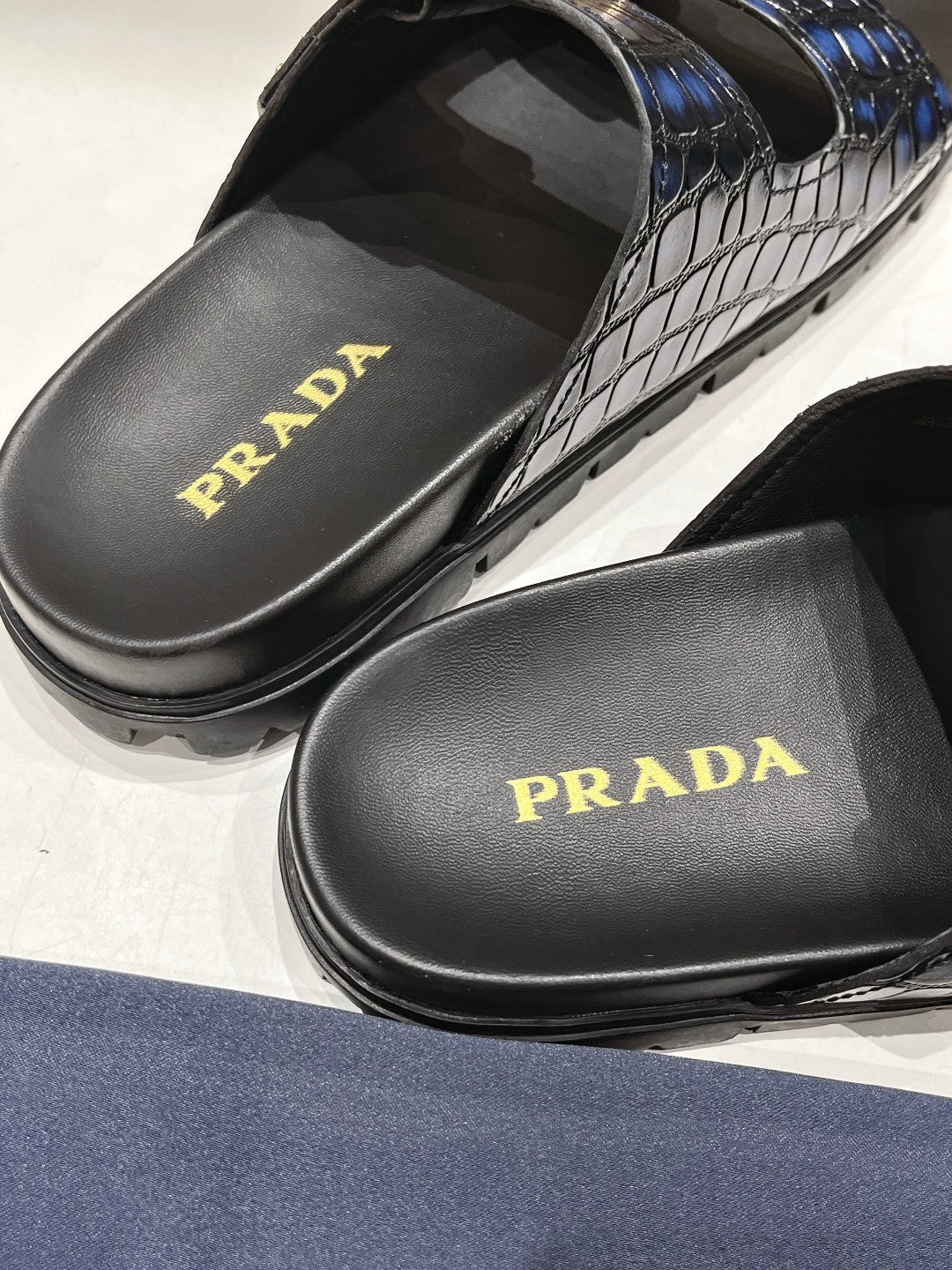 PRA CROCODILE MOTIF STRAP SLIDES SANDALS BLACK AND LAPIS CALFSKIN